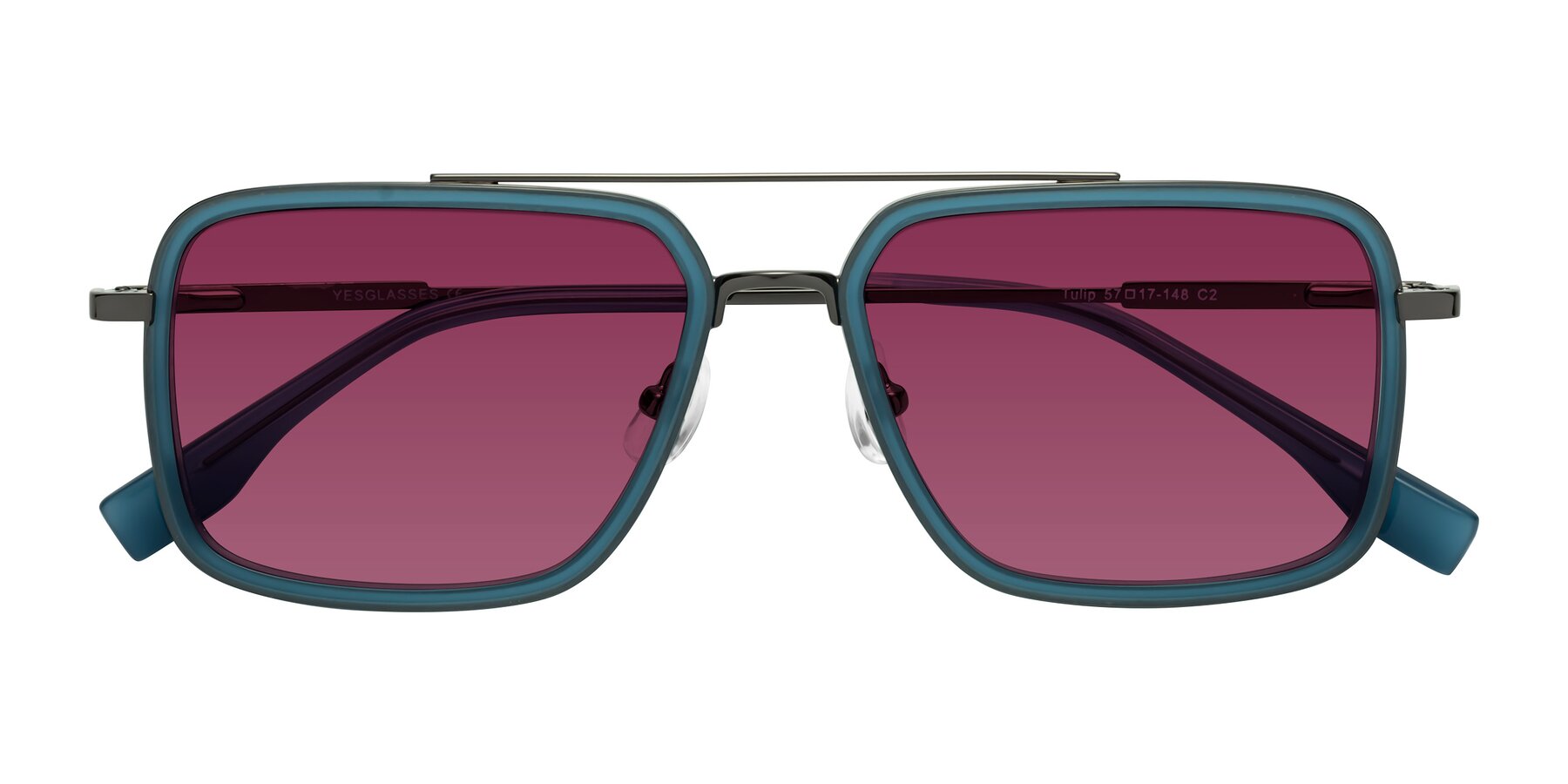 Folded Front of Tulip in Teal-Gunmetal with Wine Tinted Lenses