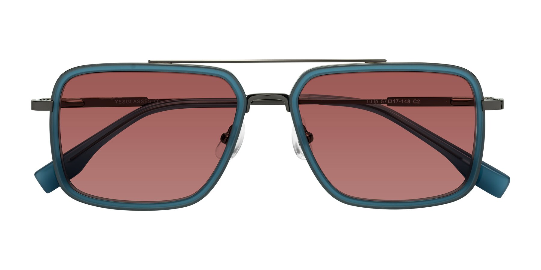 Folded Front of Tulip in Teal-Gunmetal with Garnet Tinted Lenses