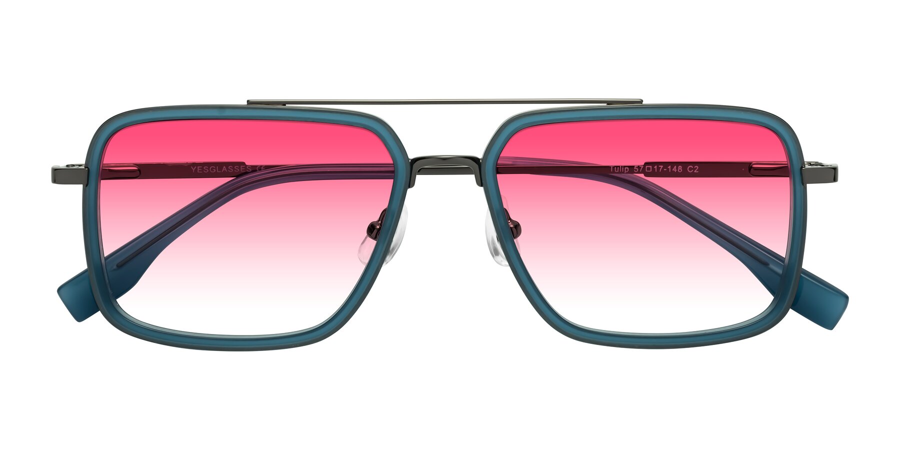 Folded Front of Tulip in Teal-Gunmetal with Pink Gradient Lenses