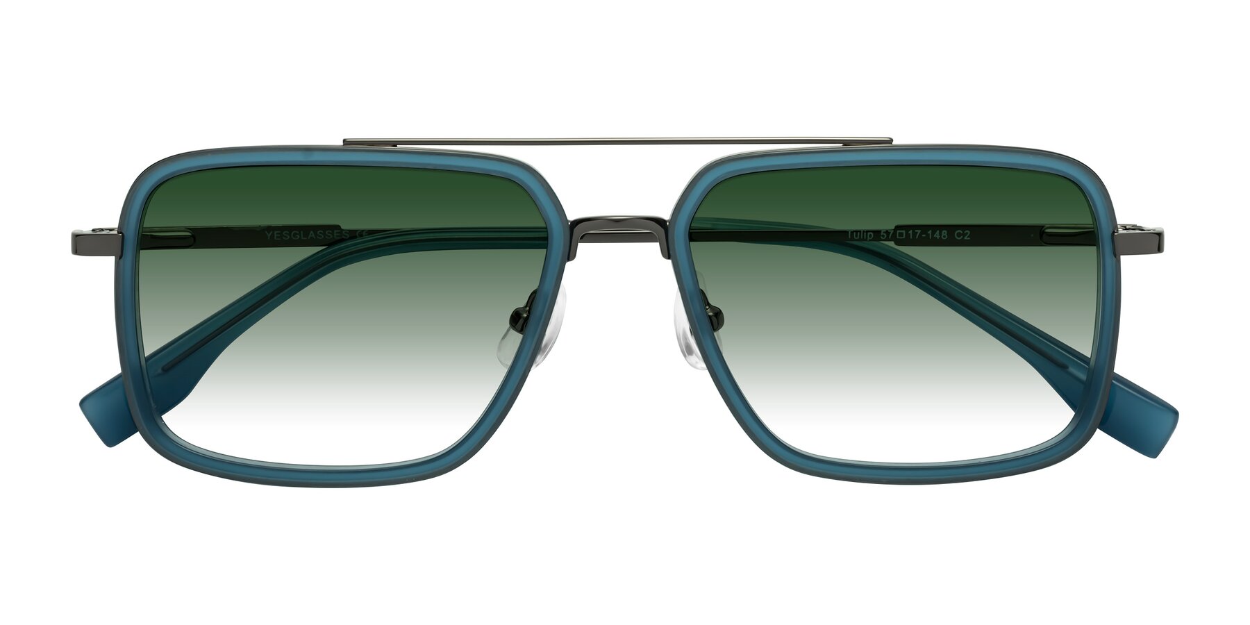 Folded Front of Tulip in Teal-Gunmetal with Green Gradient Lenses