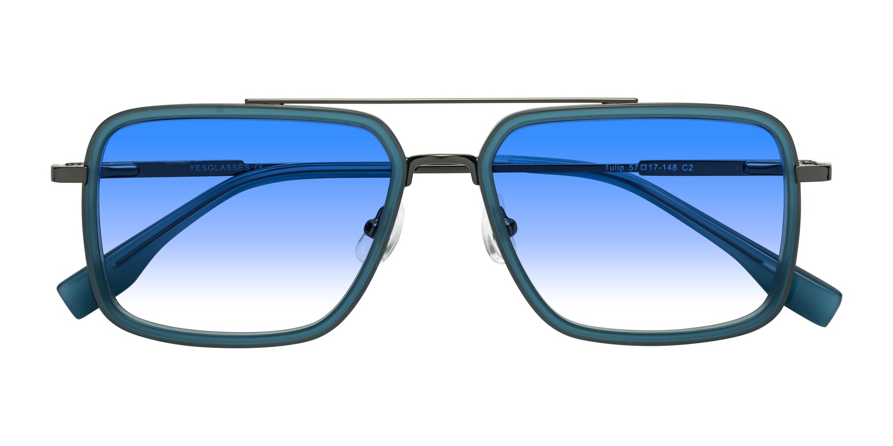 Folded Front of Tulip in Teal-Gunmetal with Blue Gradient Lenses