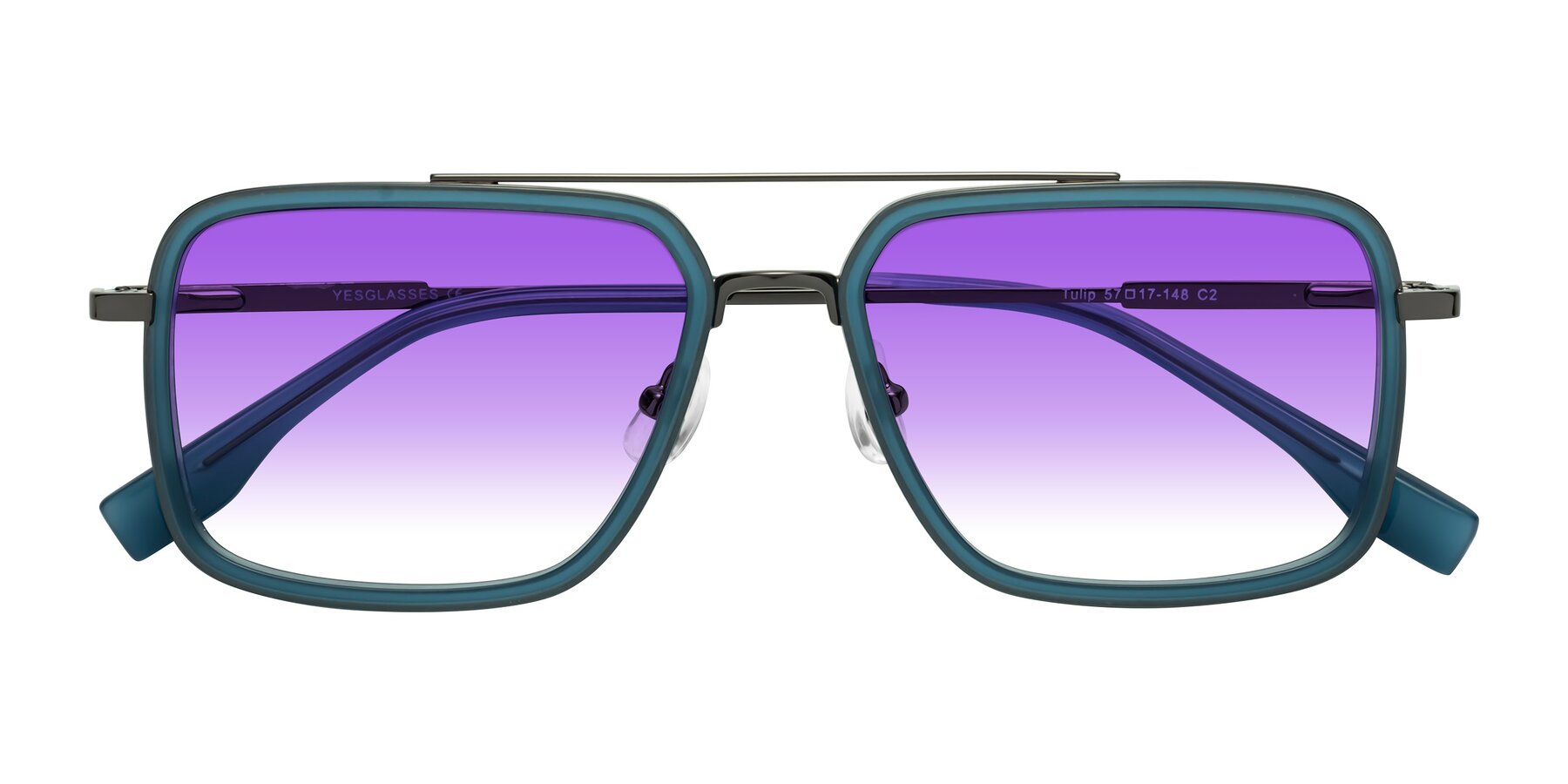 Folded Front of Tulip in Teal-Gunmetal with Purple Gradient Lenses