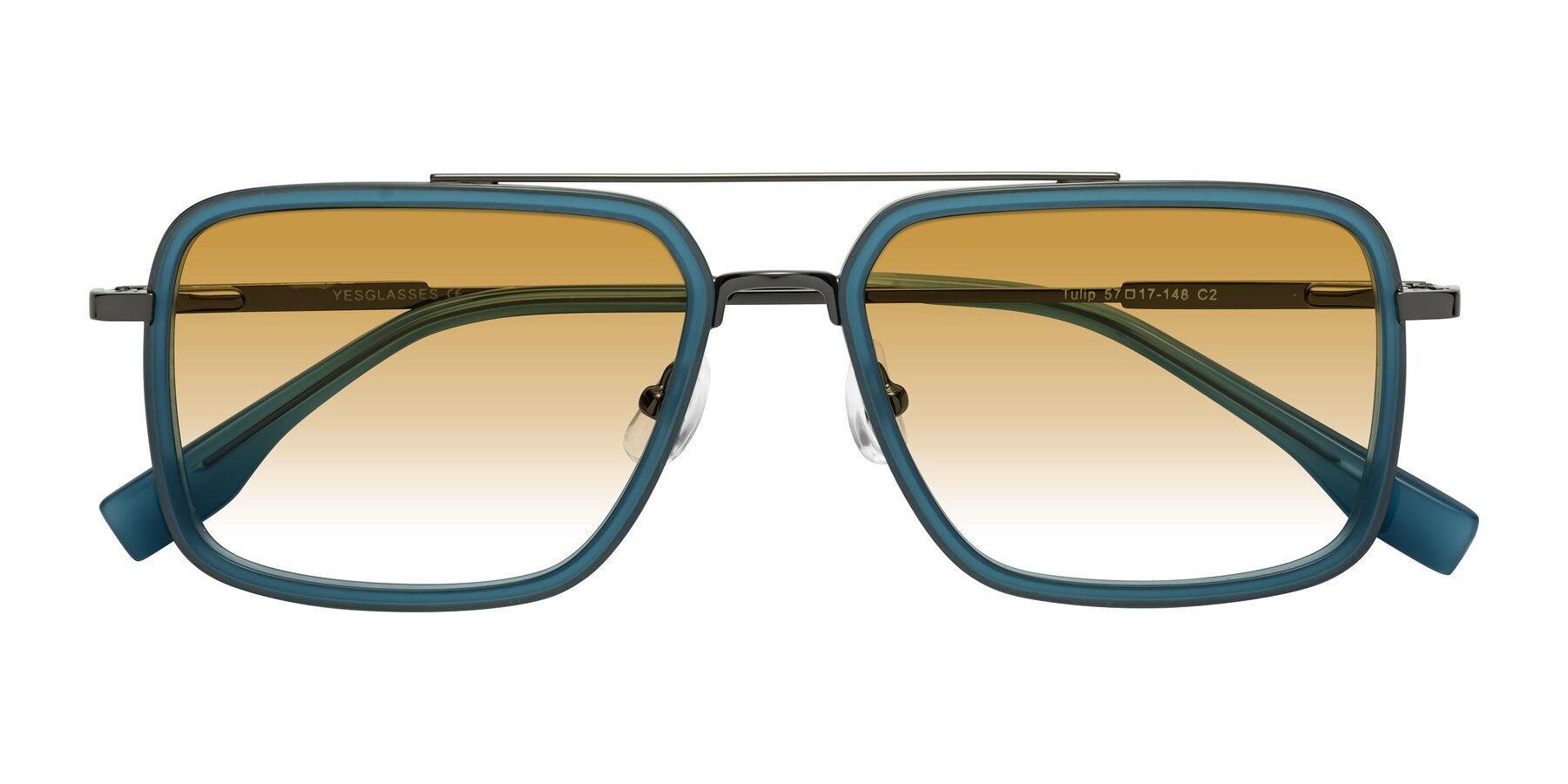 Folded Front of Tulip in Teal-Gunmetal with Champagne Gradient Lenses