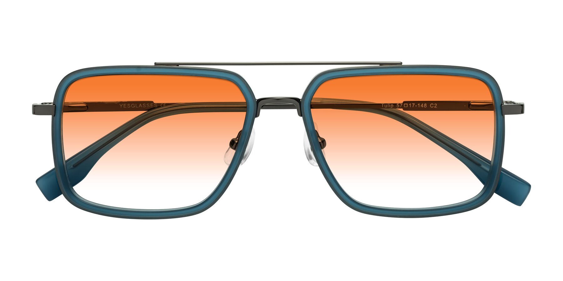 Folded Front of Tulip in Teal-Gunmetal with Orange Gradient Lenses