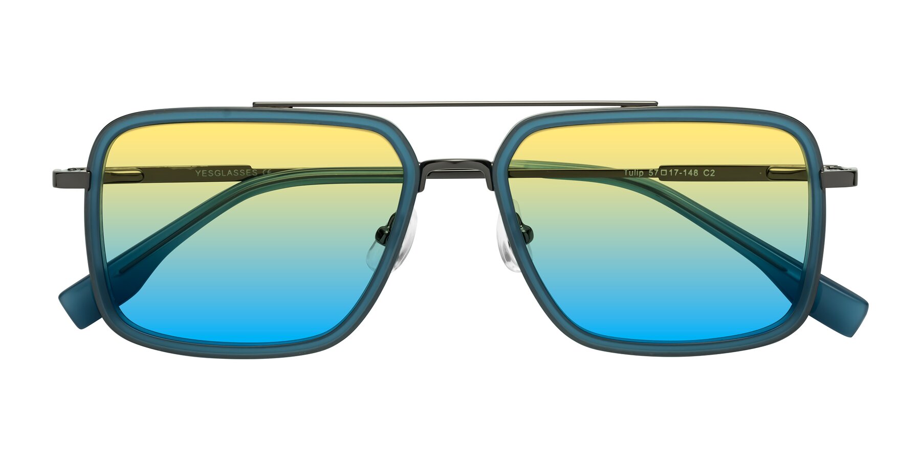 Folded Front of Tulip in Teal-Gunmetal with Yellow / Blue Gradient Lenses