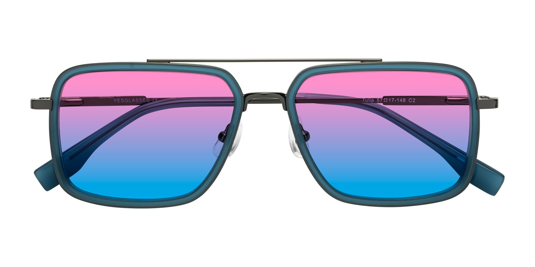 Folded Front of Tulip in Teal-Gunmetal with Pink / Blue Gradient Lenses