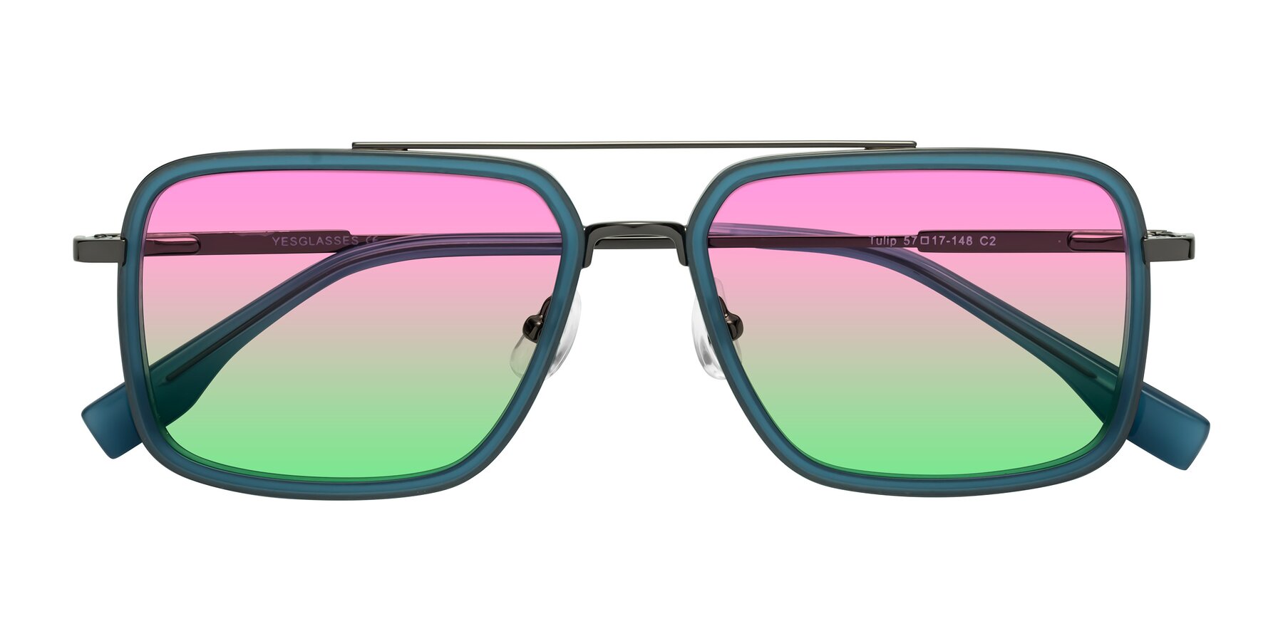 Folded Front of Tulip in Teal-Gunmetal with Pink / Green Gradient Lenses