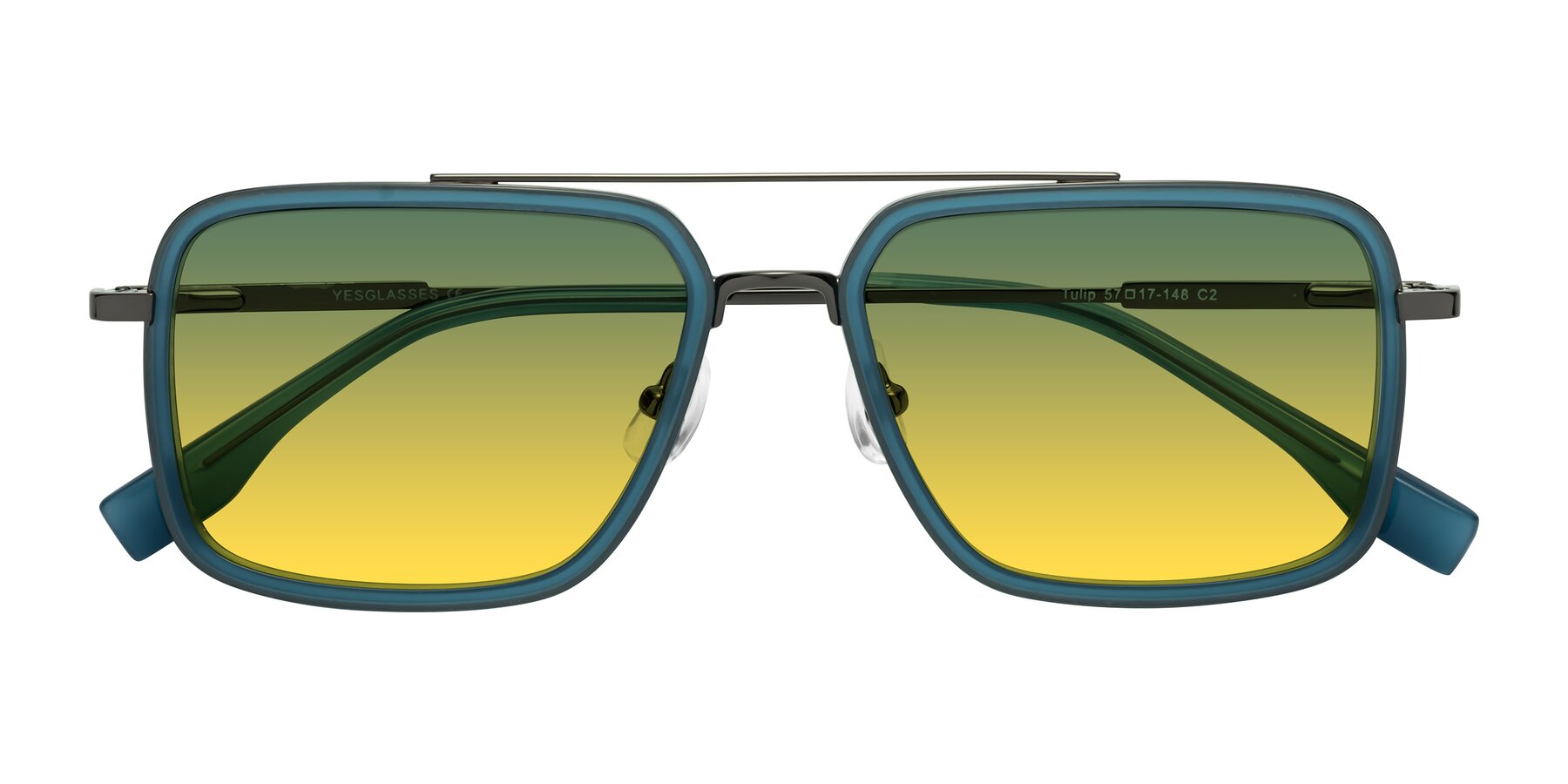 Folded Front of Tulip in Teal-Gunmetal with Green / Yellow Gradient Lenses