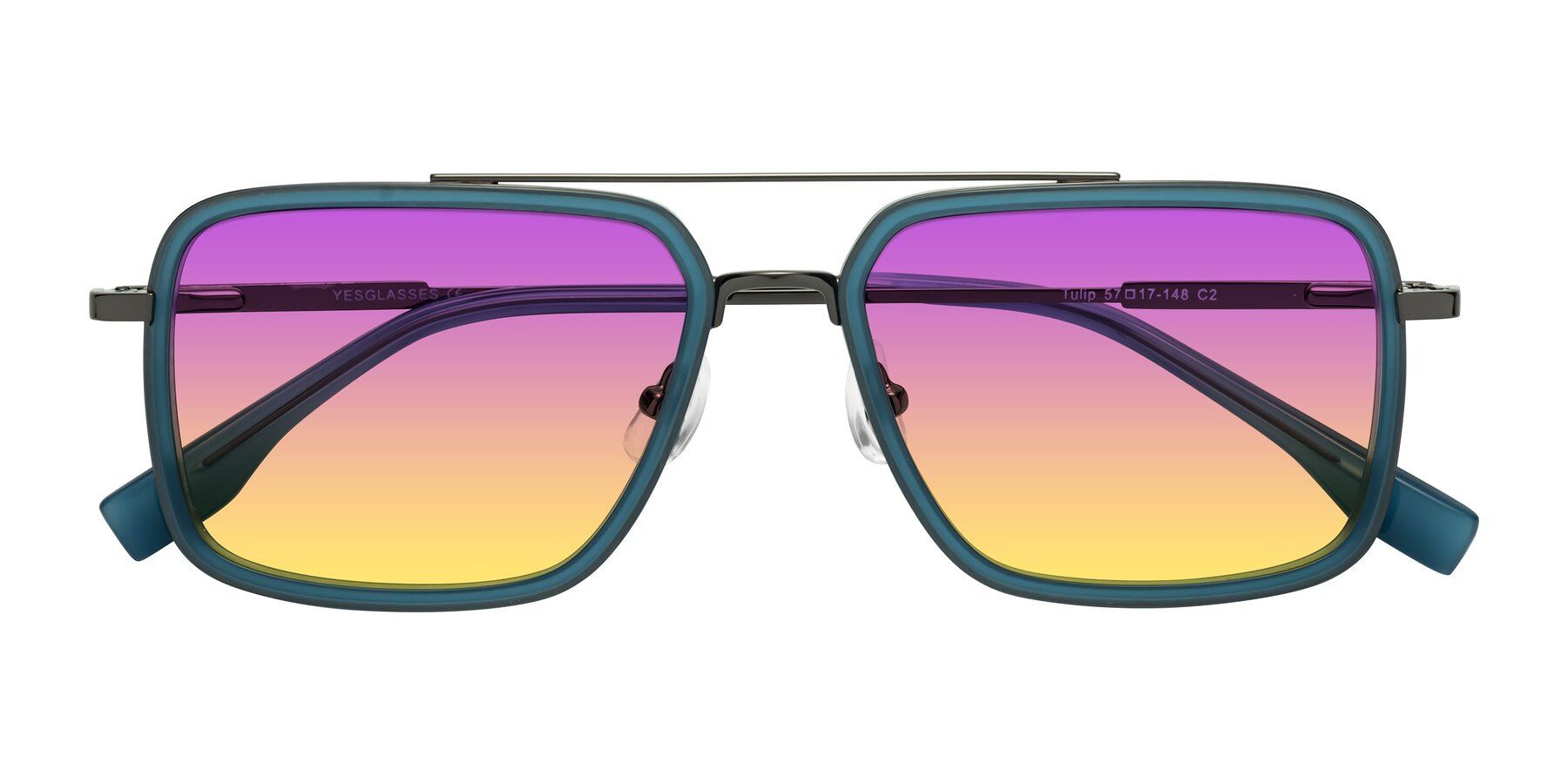 Folded Front of Tulip in Teal-Gunmetal with Purple / Yellow Gradient Lenses