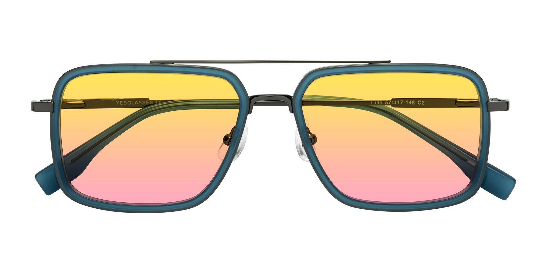 Folded Front of Tulip in Teal-Gunmetal with Yellow / Pink Gradient Lenses