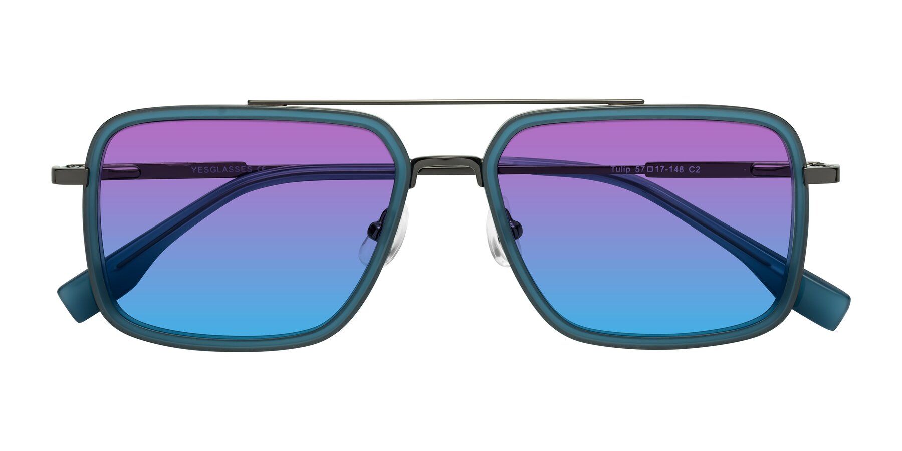 Folded Front of Tulip in Teal-Gunmetal with Purple / Blue Gradient Lenses