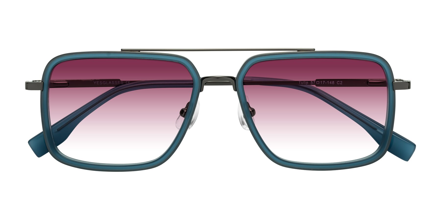 Folded Front of Tulip in Teal-Gunmetal with Wine Gradient Lenses