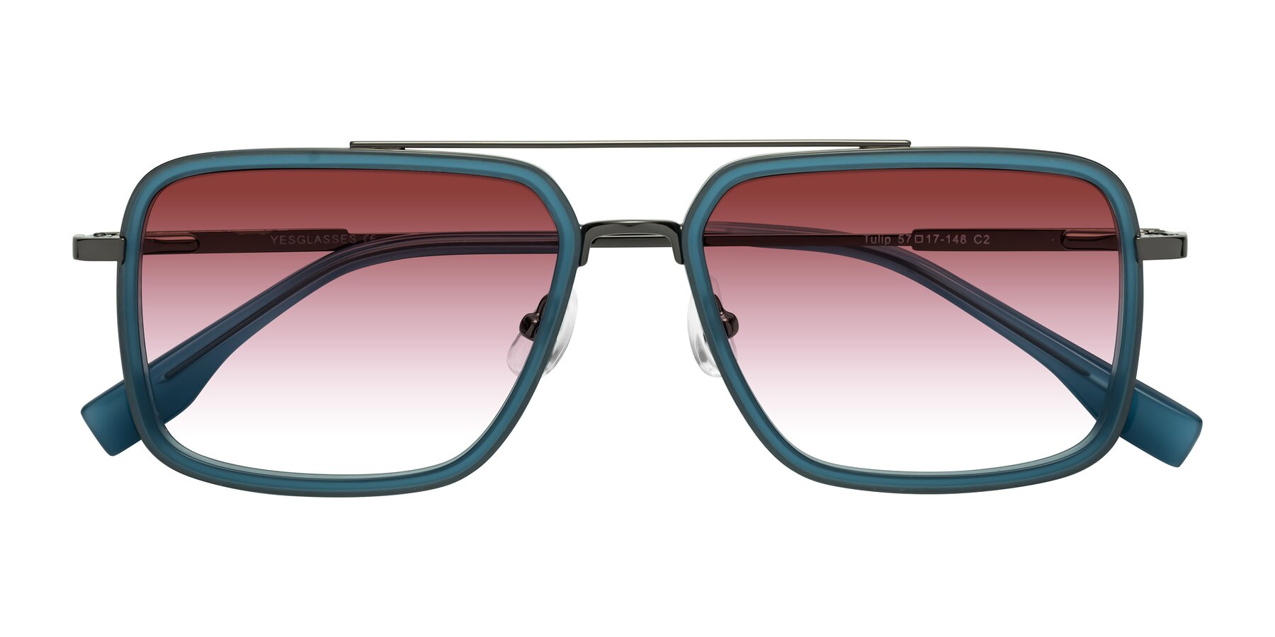 Folded Front of Tulip in Teal-Gunmetal with Garnet Gradient Lenses