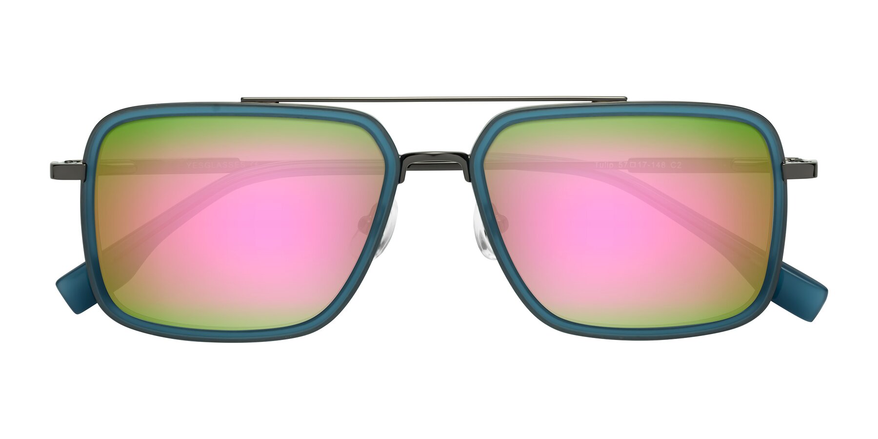 Folded Front of Tulip in Teal-Gunmetal with Pink Mirrored Lenses