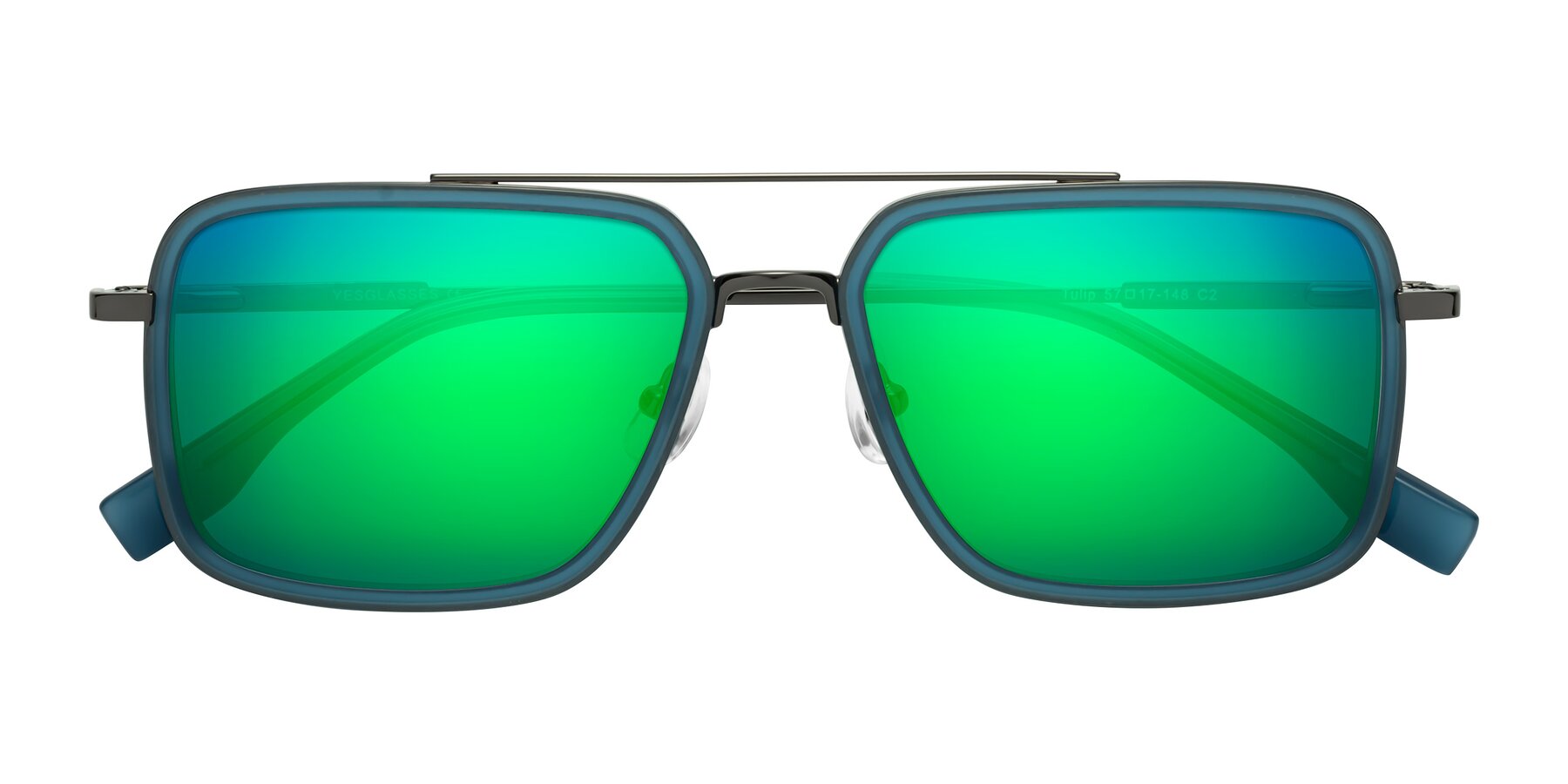 Folded Front of Tulip in Teal-Gunmetal with Green Mirrored Lenses