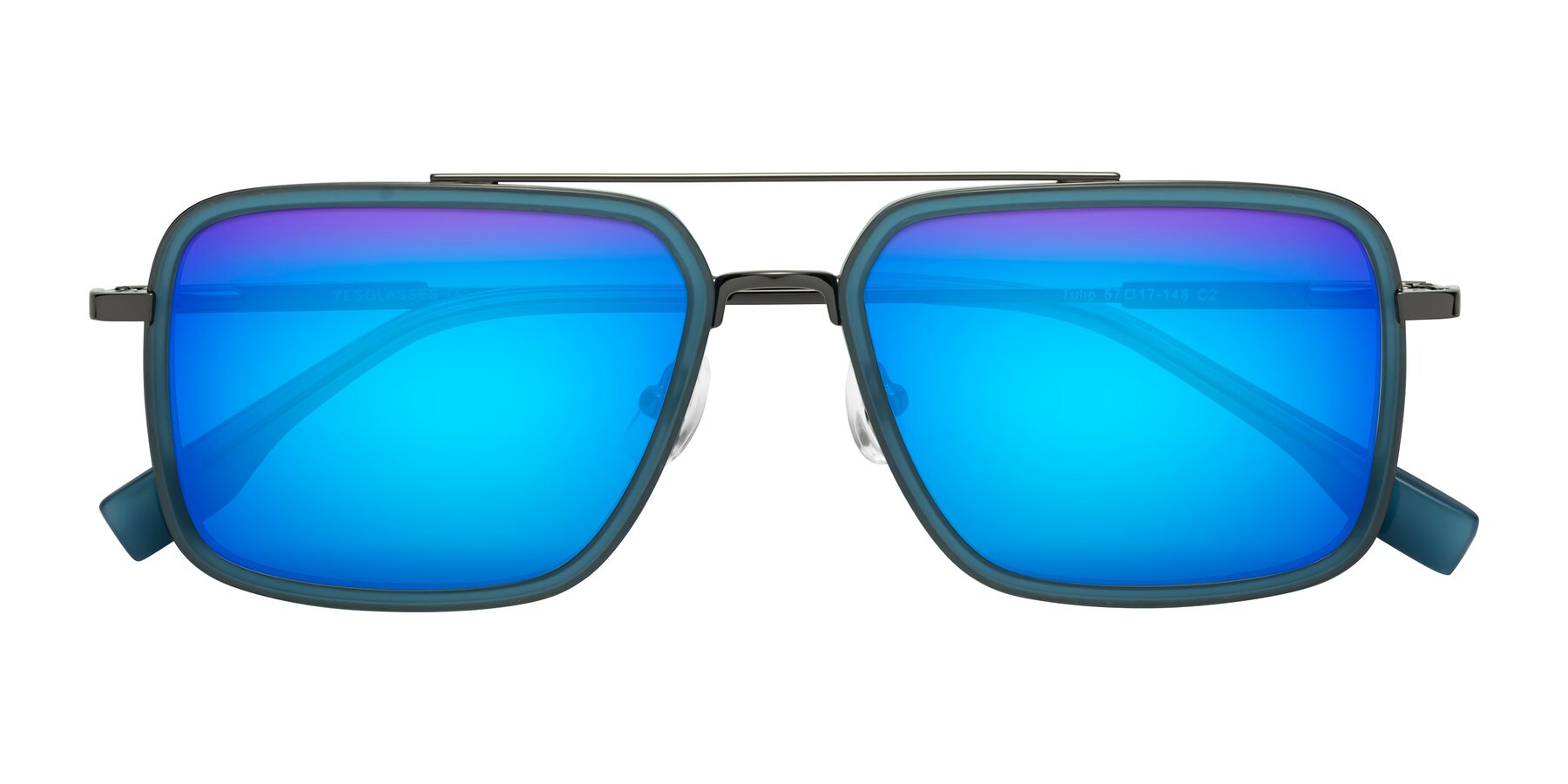 Folded Front of Tulip in Teal-Gunmetal with Blue Mirrored Lenses