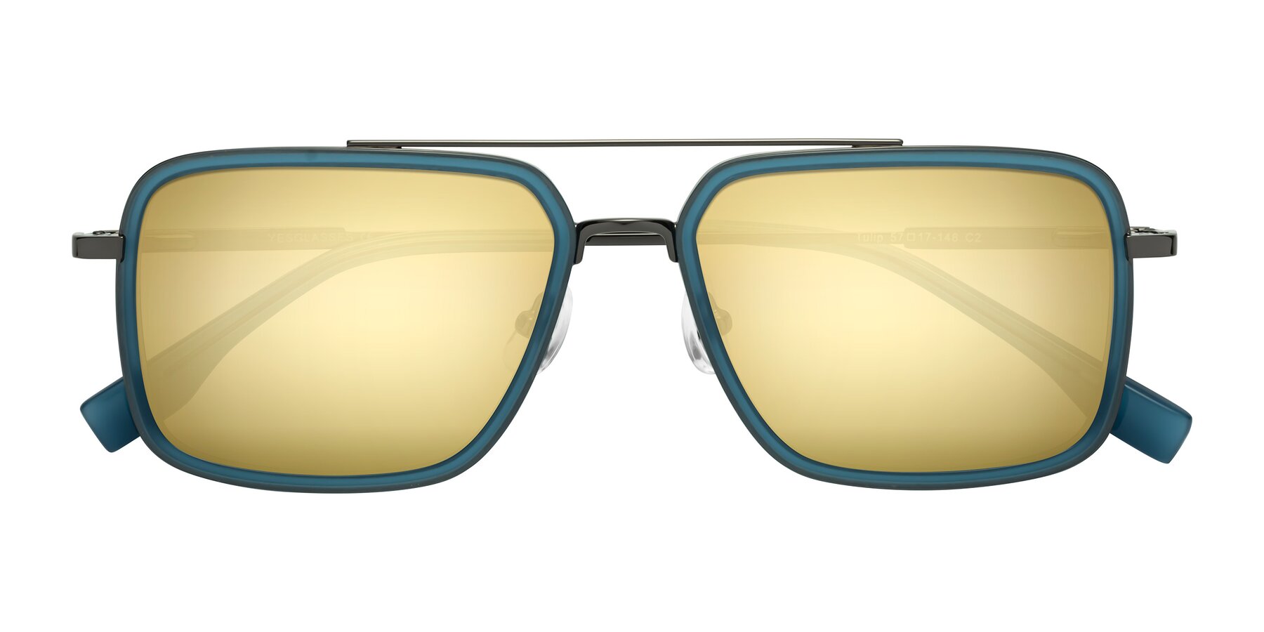 Folded Front of Tulip in Teal-Gunmetal with Gold Mirrored Lenses