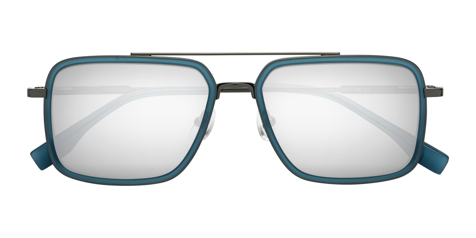 Folded Front of Tulip in Teal-Gunmetal with Silver Mirrored Lenses