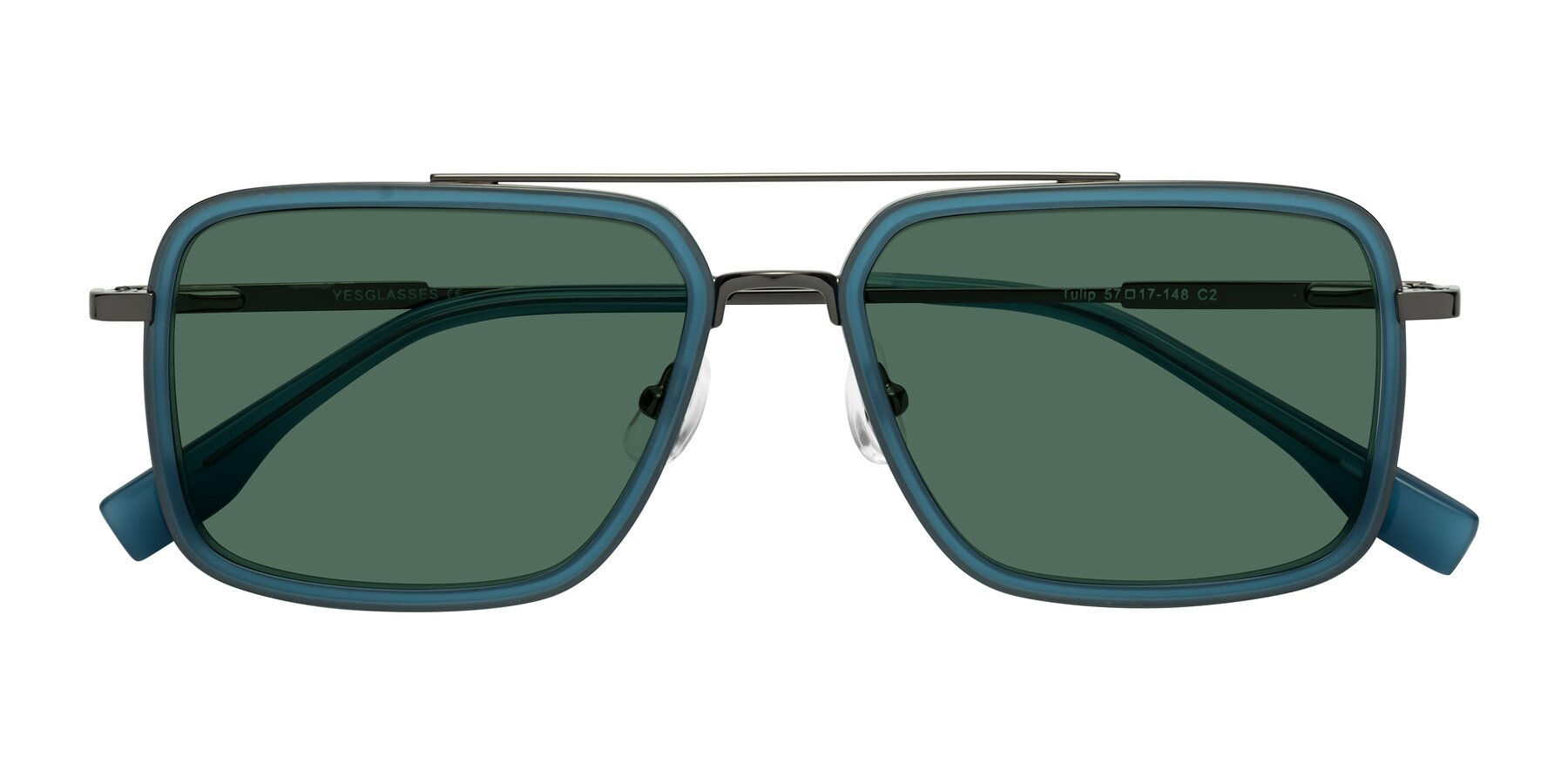 Folded Front of Tulip in Teal-Gunmetal with Green Polarized Lenses