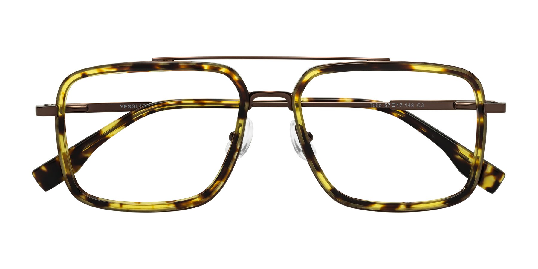 Folded Front of Tulip in Tortoise-Brown with Clear Eyeglass Lenses