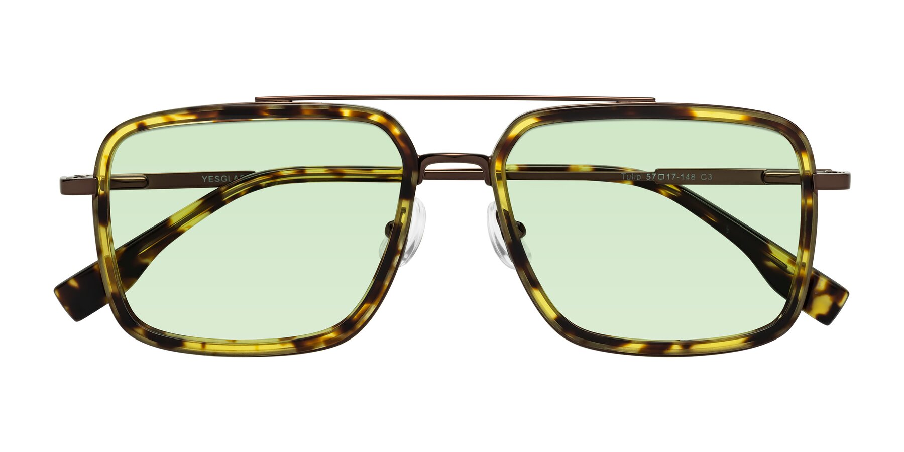 Folded Front of Tulip in Tortoise-Brown with Light Green Tinted Lenses