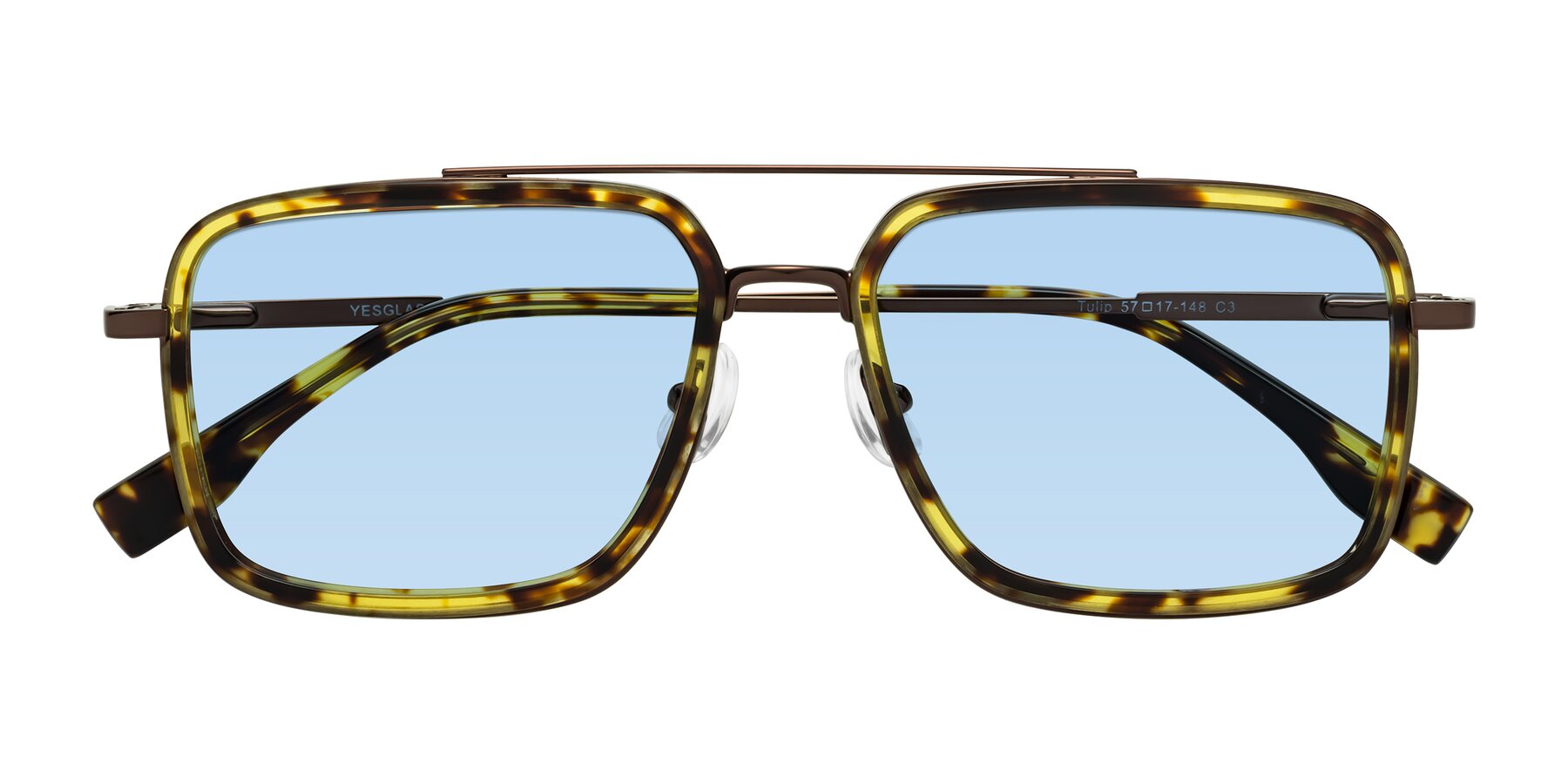 Folded Front of Tulip in Tortoise-Brown with Light Blue Tinted Lenses