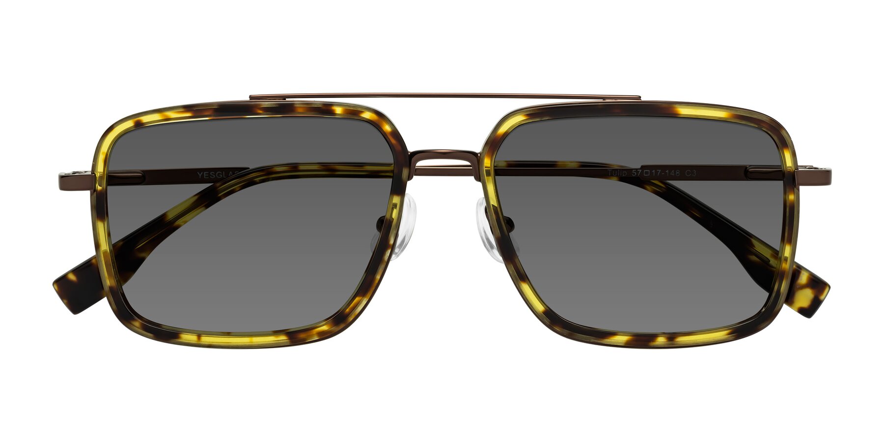 Folded Front of Tulip in Tortoise-Brown with Medium Gray Tinted Lenses