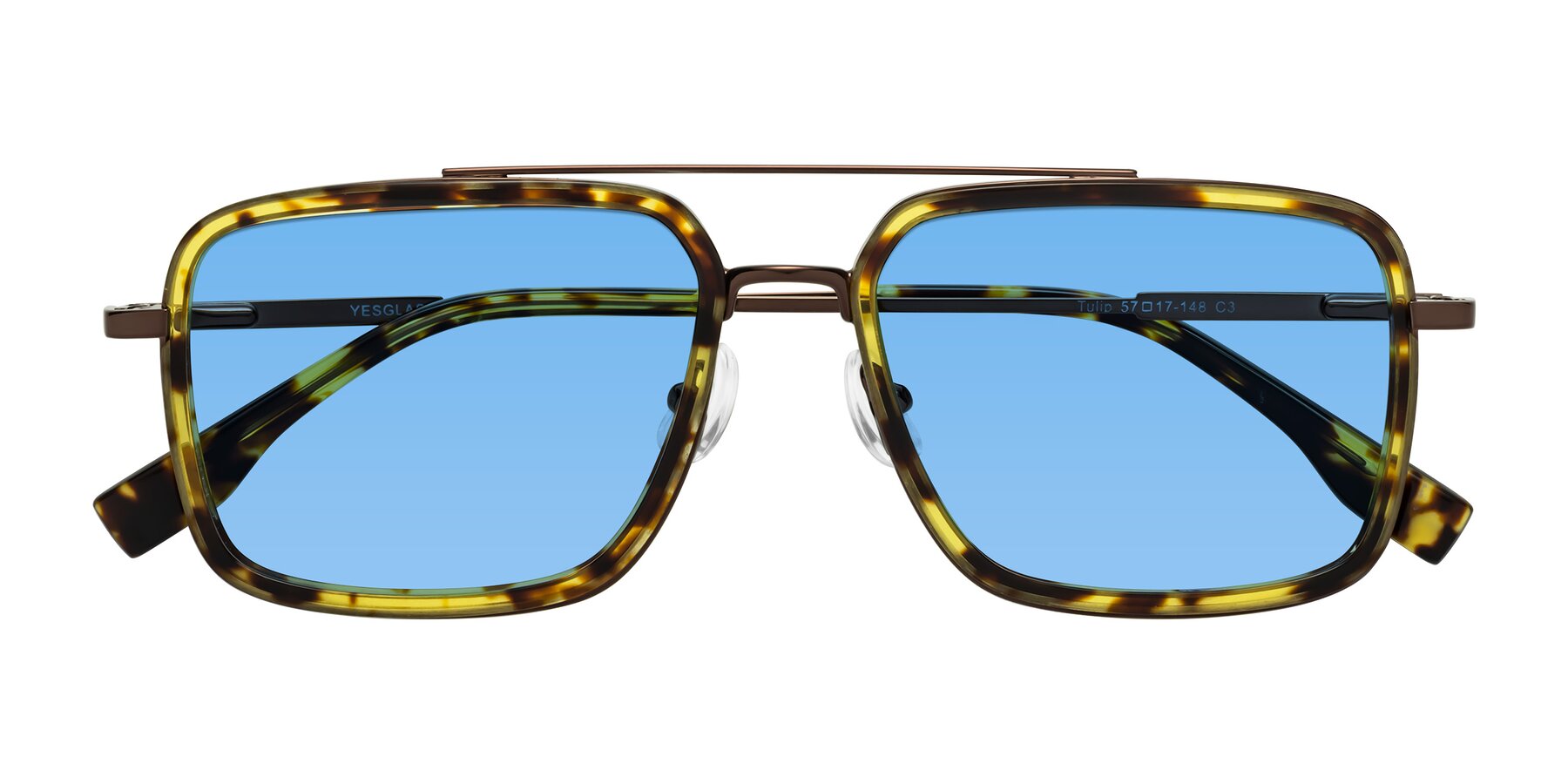 Folded Front of Tulip in Tortoise-Brown with Medium Blue Tinted Lenses