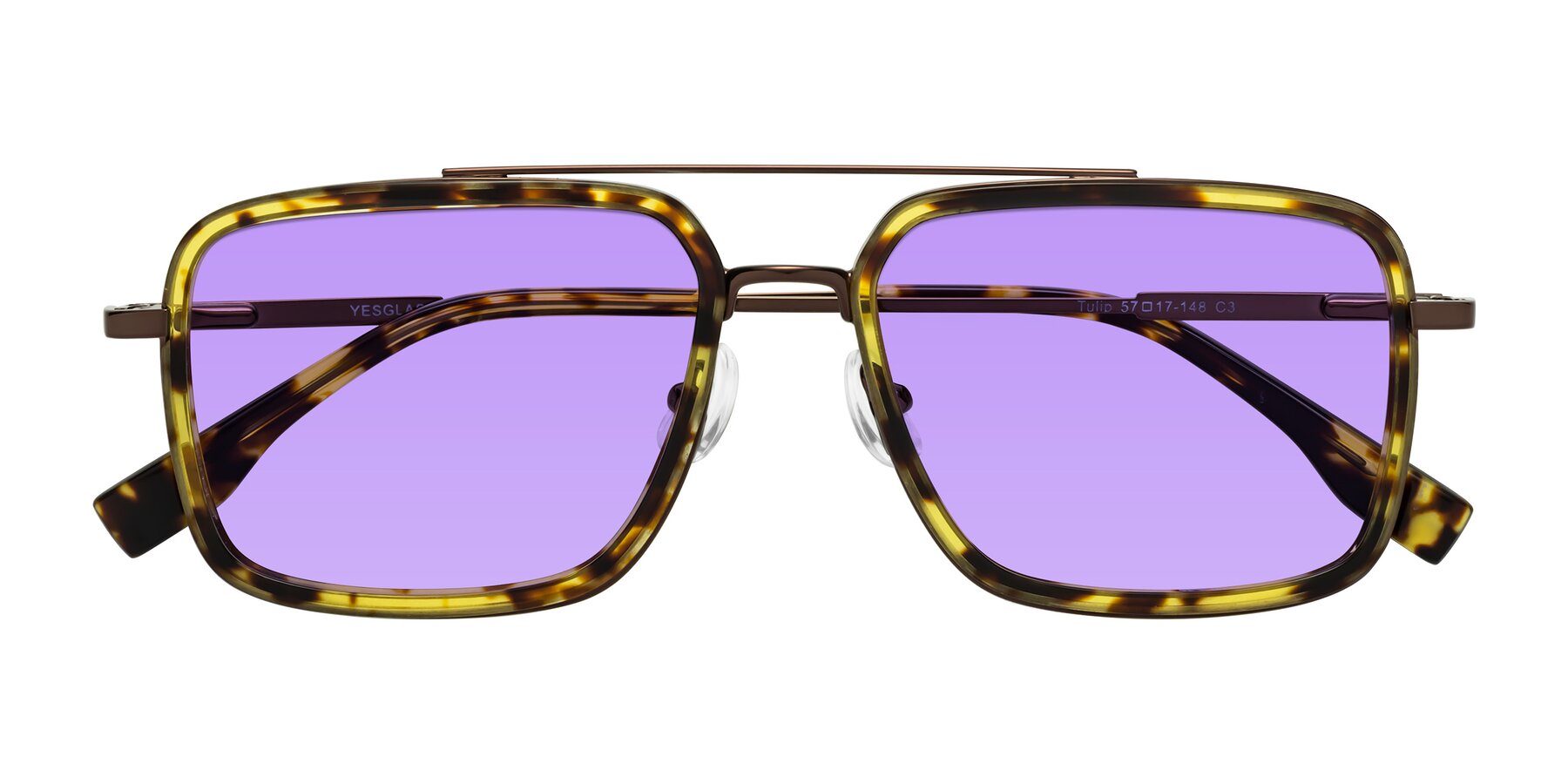 Folded Front of Tulip in Tortoise-Brown with Medium Purple Tinted Lenses