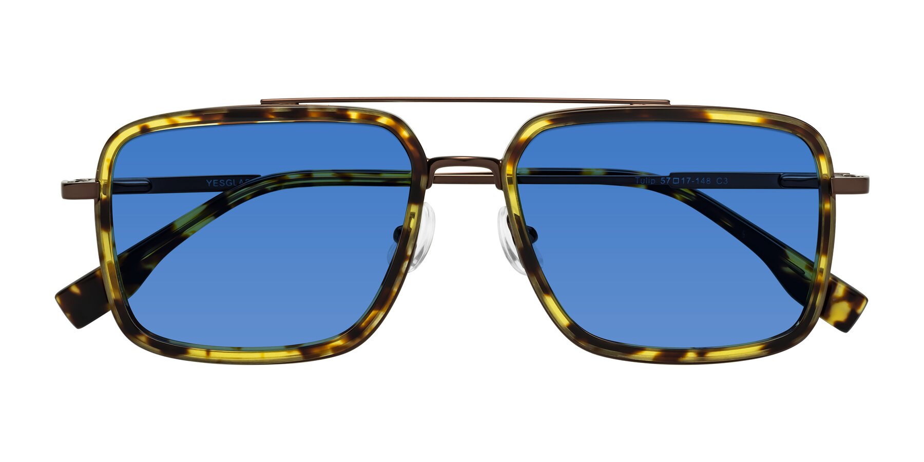 Folded Front of Tulip in Tortoise-Brown with Blue Tinted Lenses