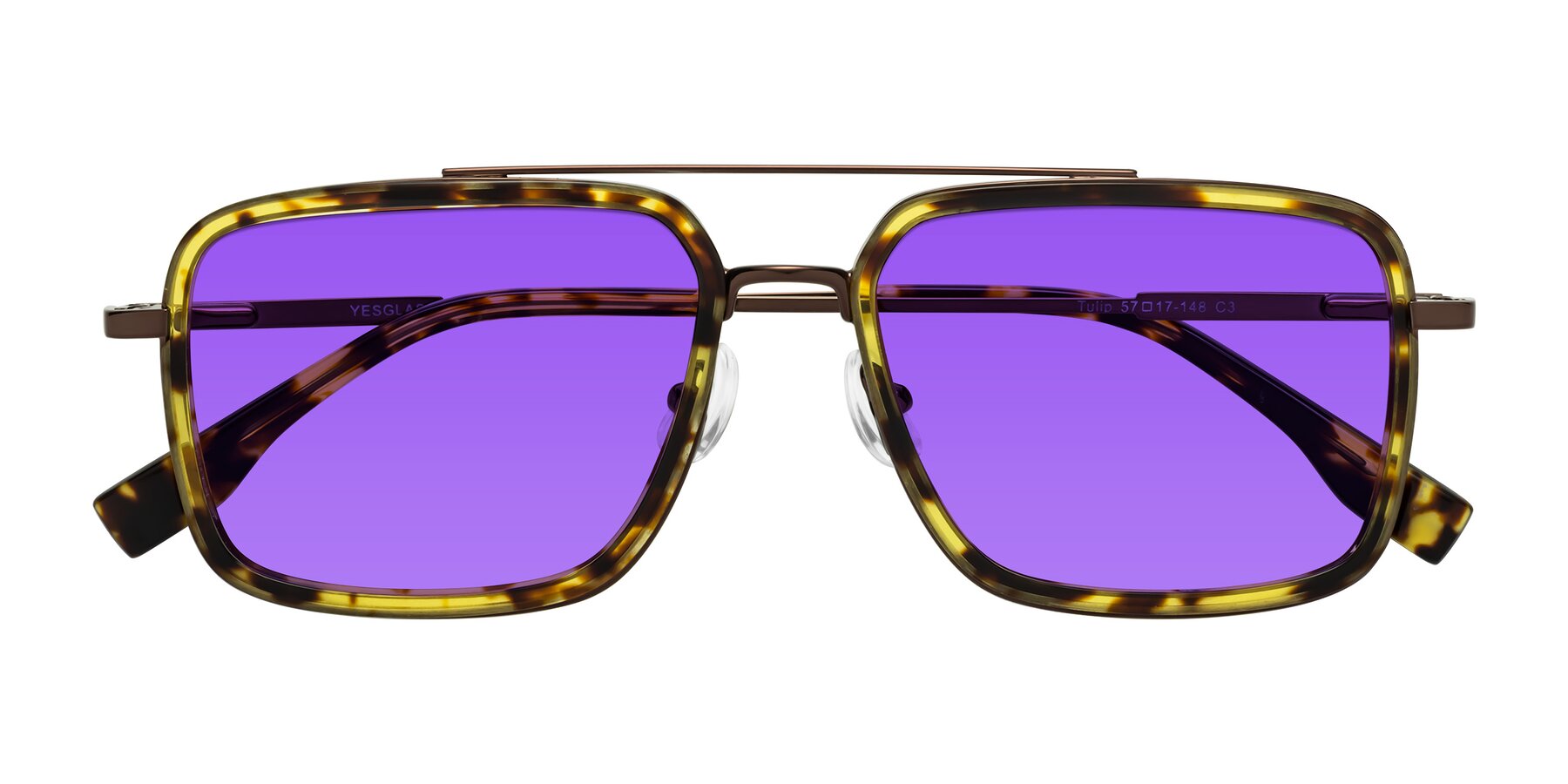 Folded Front of Tulip in Tortoise-Brown with Purple Tinted Lenses