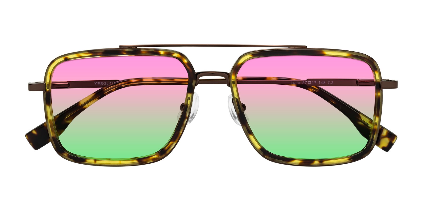 Folded Front of Tulip in Tortoise-Brown with Pink / Green Gradient Lenses