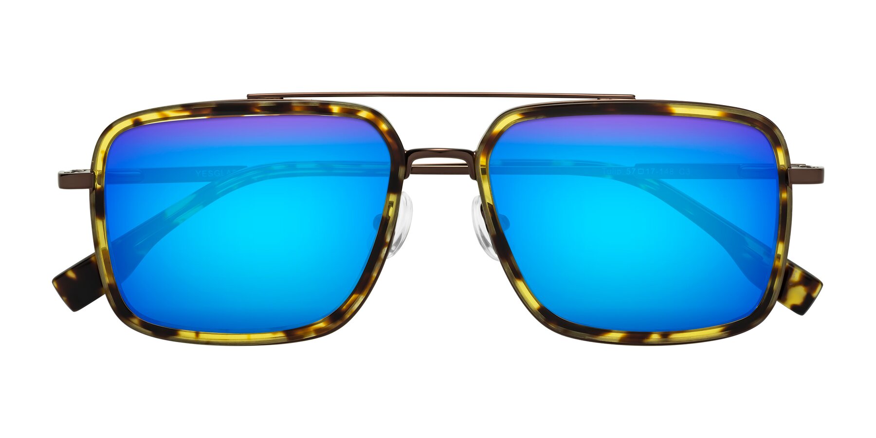 Folded Front of Tulip in Tortoise-Brown with Blue Mirrored Lenses