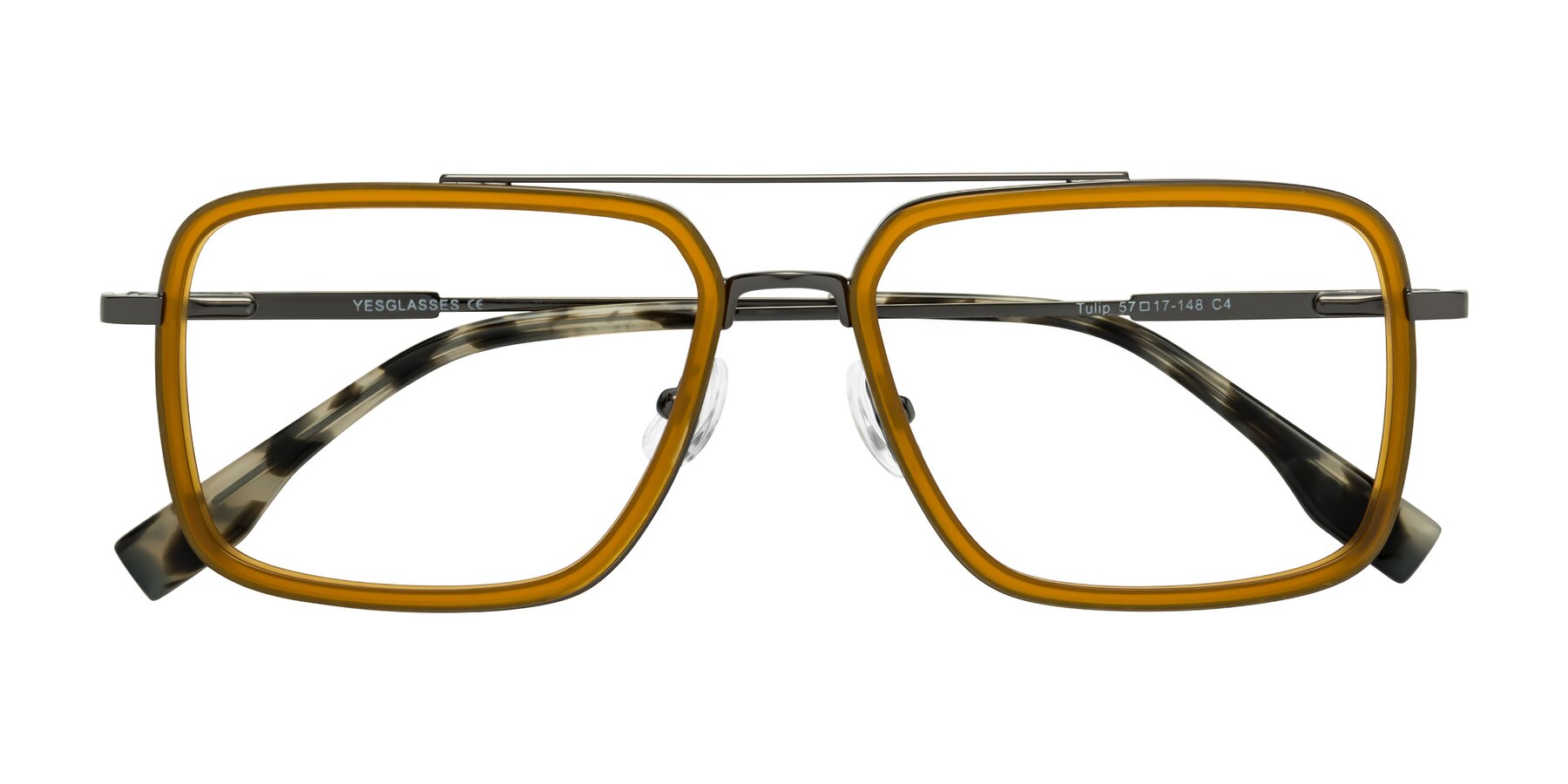 Folded Front of Tulip in Caramel-Gunmetal with Clear Eyeglass Lenses