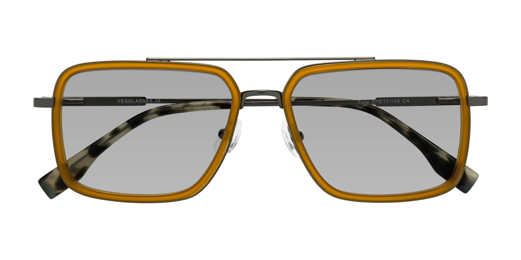 Folded Front of Tulip in Caramel-Gunmetal with Light Gray Tinted Lenses