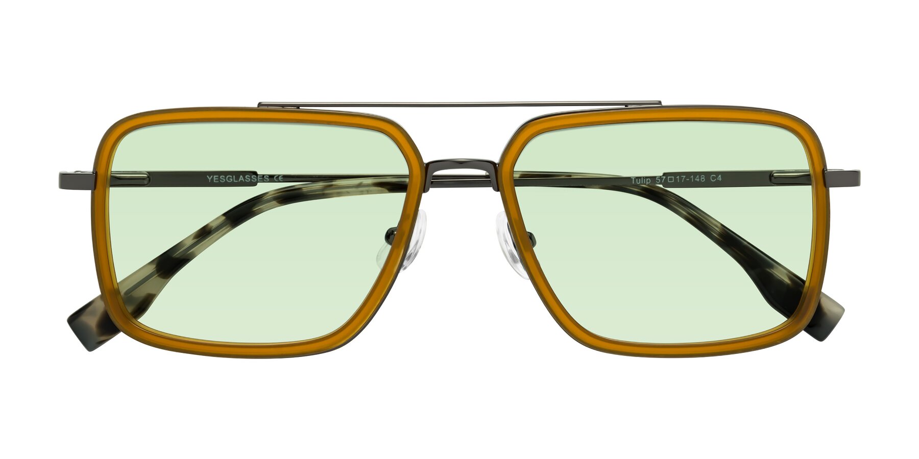 Folded Front of Tulip in Caramel-Gunmetal with Light Green Tinted Lenses