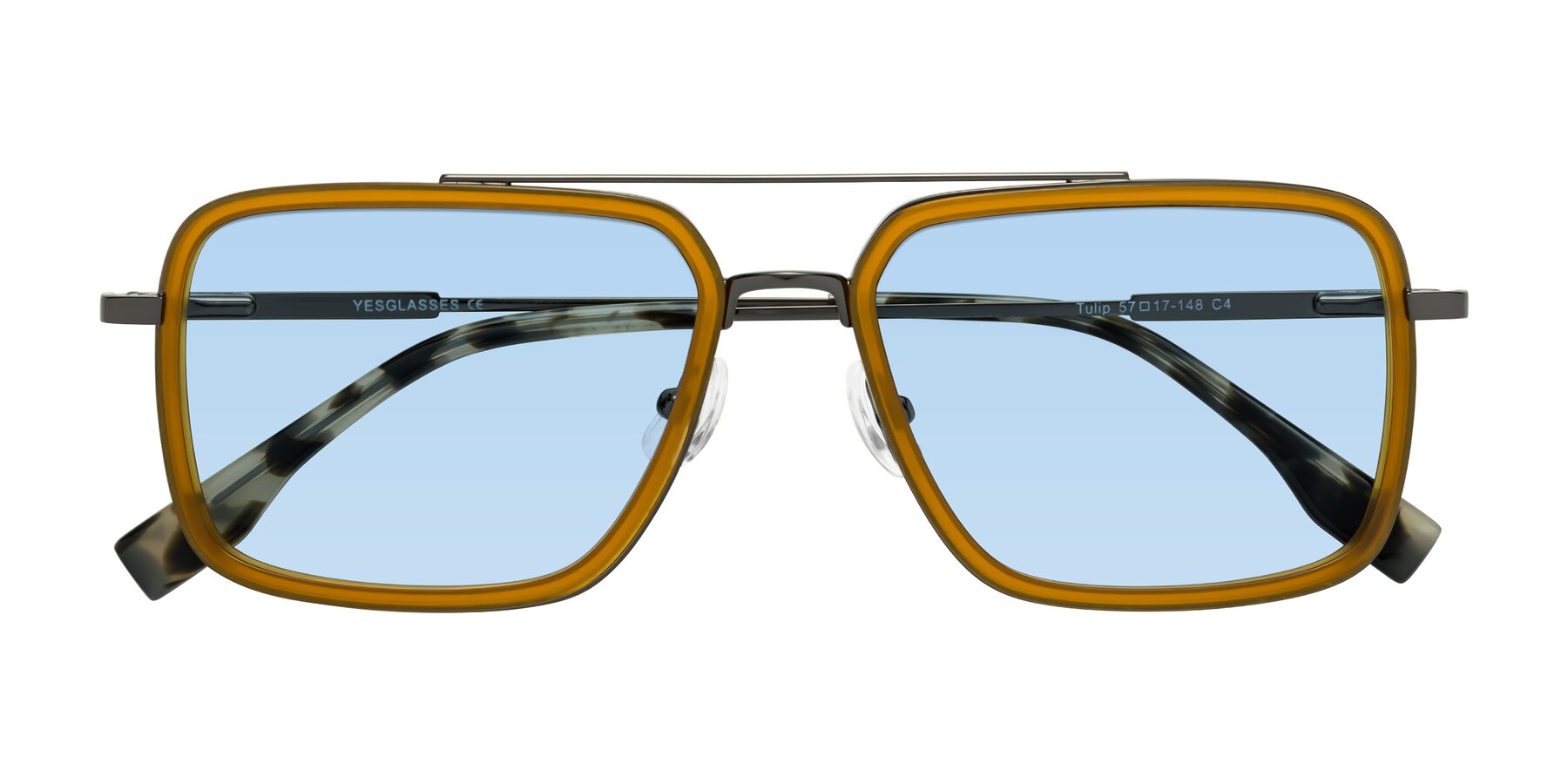 Folded Front of Tulip in Caramel-Gunmetal with Light Blue Tinted Lenses