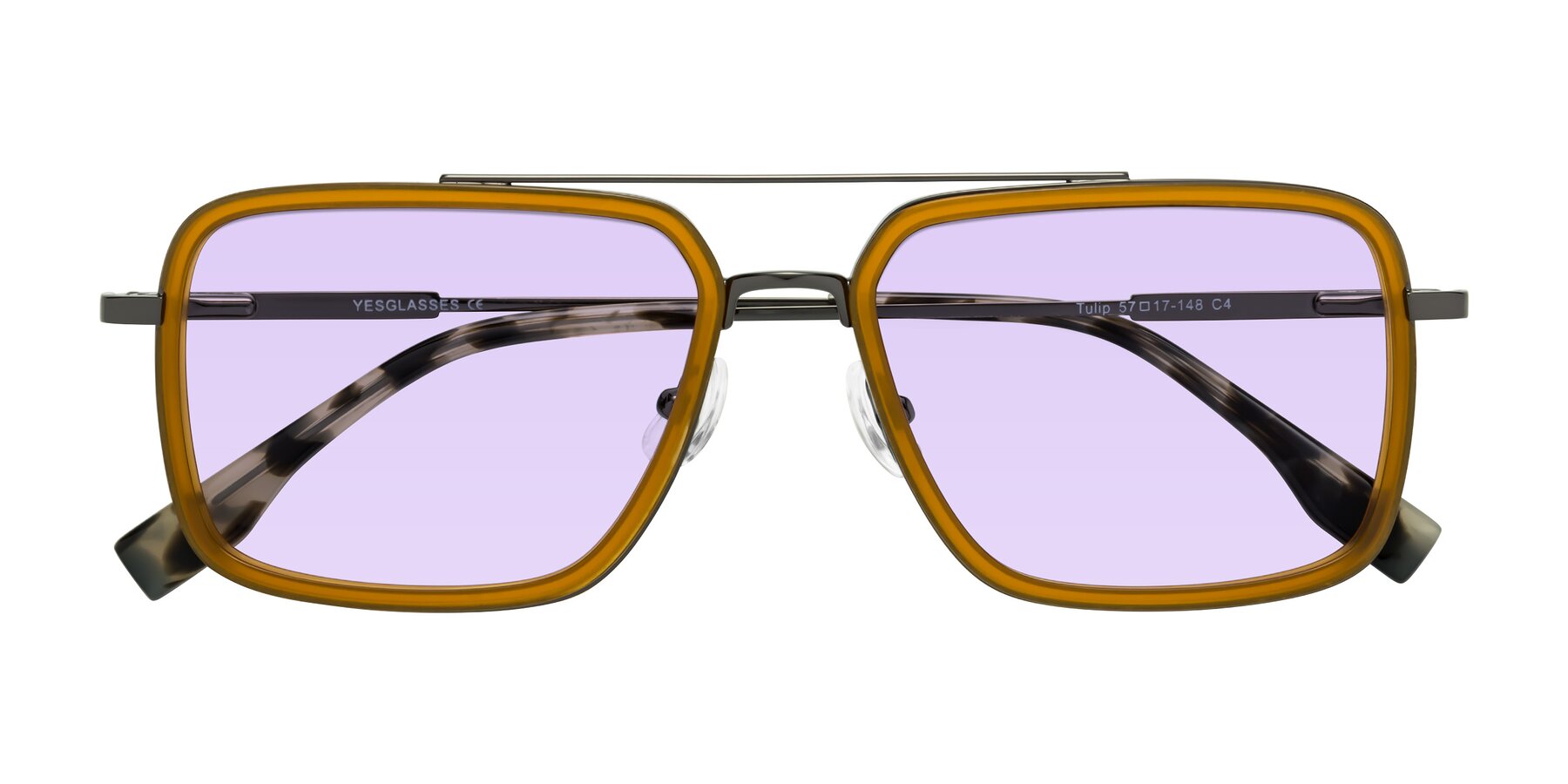 Folded Front of Tulip in Caramel-Gunmetal with Light Purple Tinted Lenses