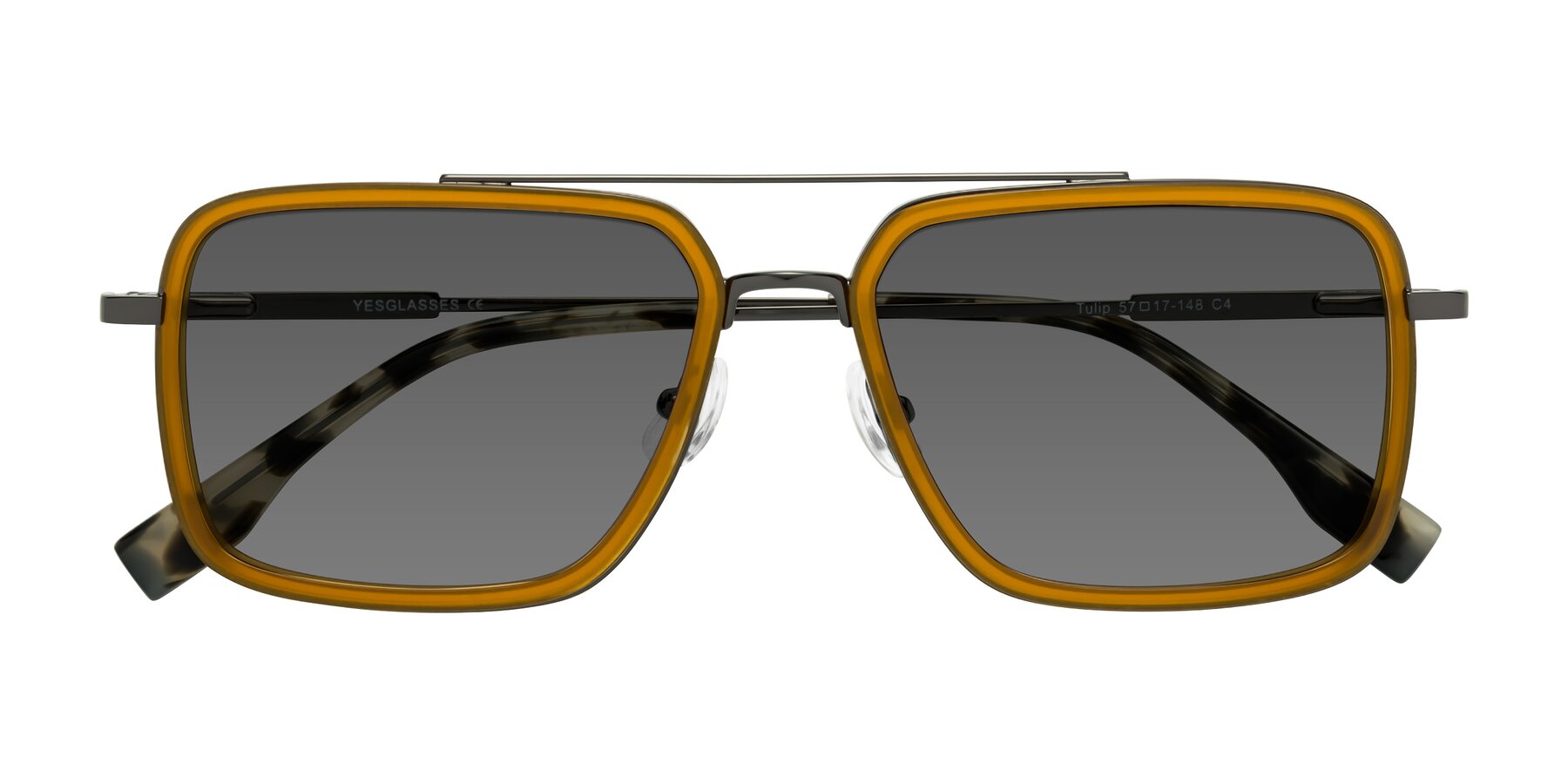 Folded Front of Tulip in Caramel-Gunmetal with Medium Gray Tinted Lenses