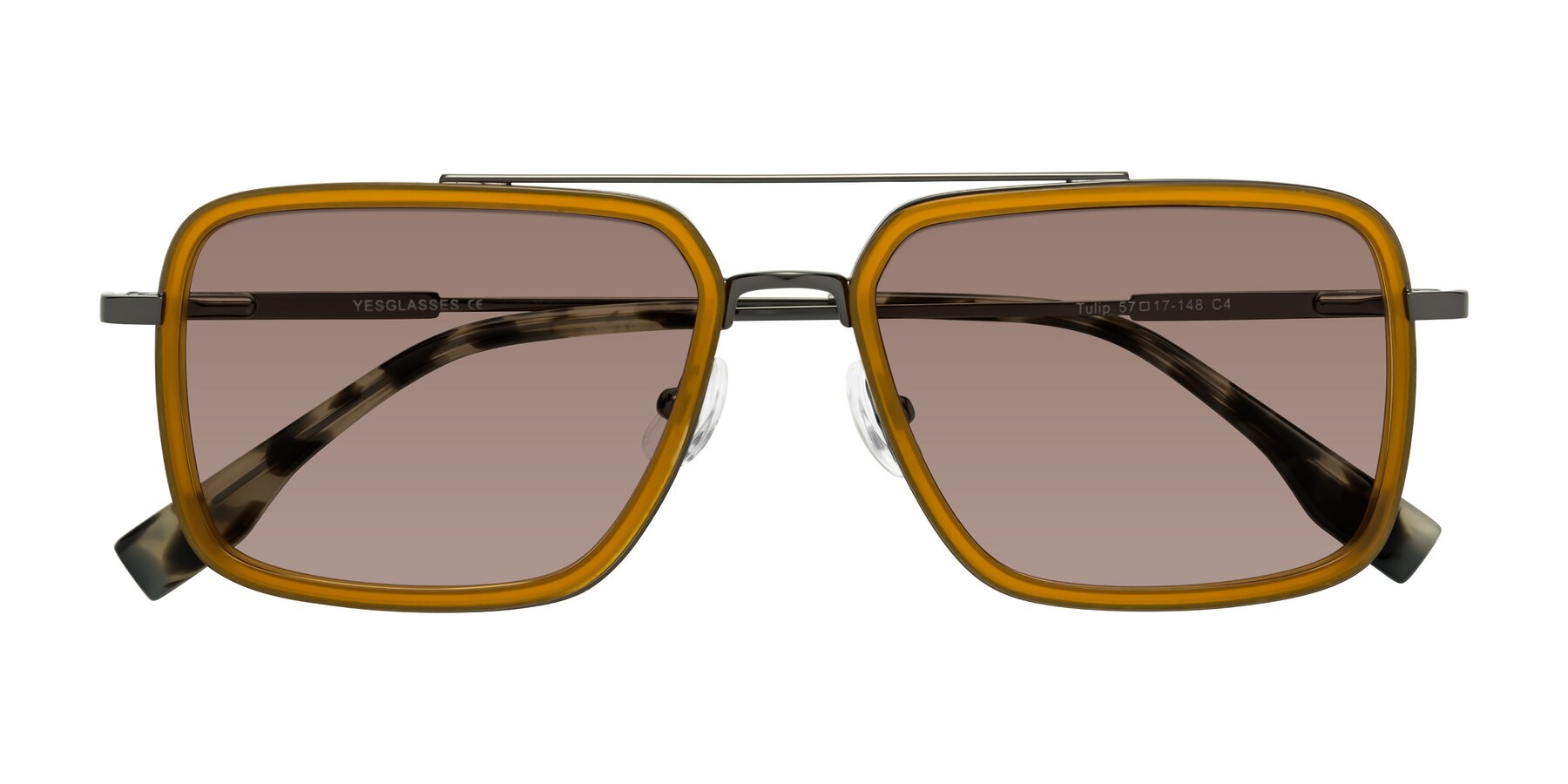 Folded Front of Tulip in Caramel-Gunmetal with Medium Brown Tinted Lenses