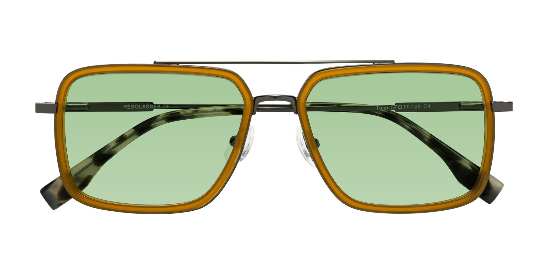 Folded Front of Tulip in Caramel-Gunmetal with Medium Green Tinted Lenses