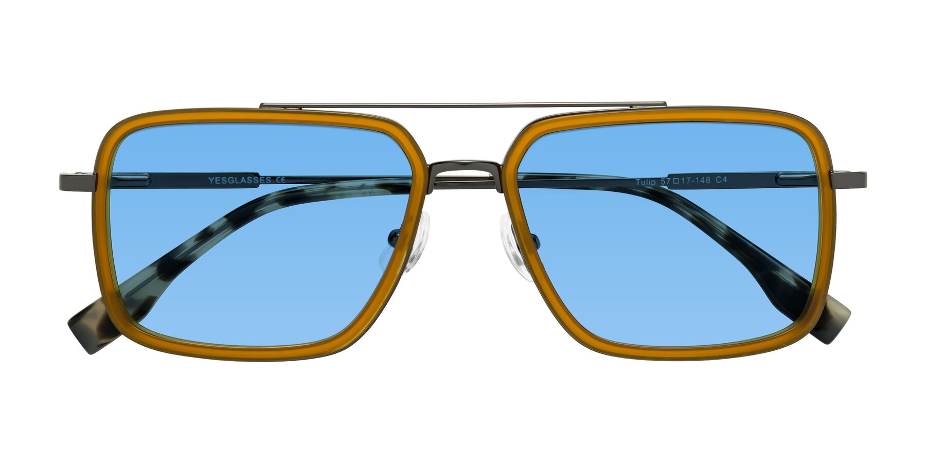 Folded Front of Tulip in Caramel-Gunmetal with Medium Blue Tinted Lenses