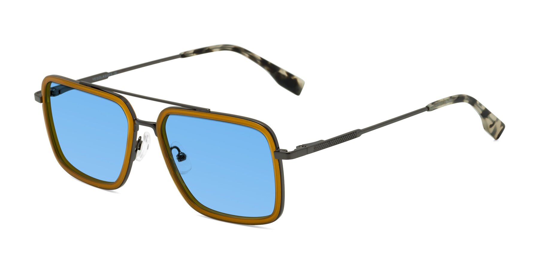 Angle of Tulip in Caramel-Gunmetal with Medium Blue Tinted Lenses