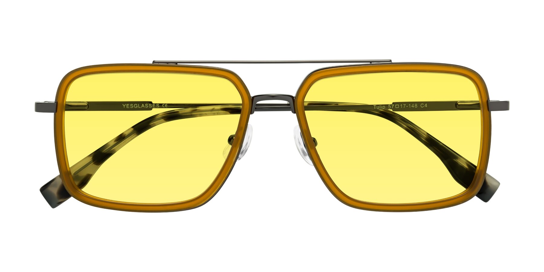 Folded Front of Tulip in Caramel-Gunmetal with Medium Yellow Tinted Lenses