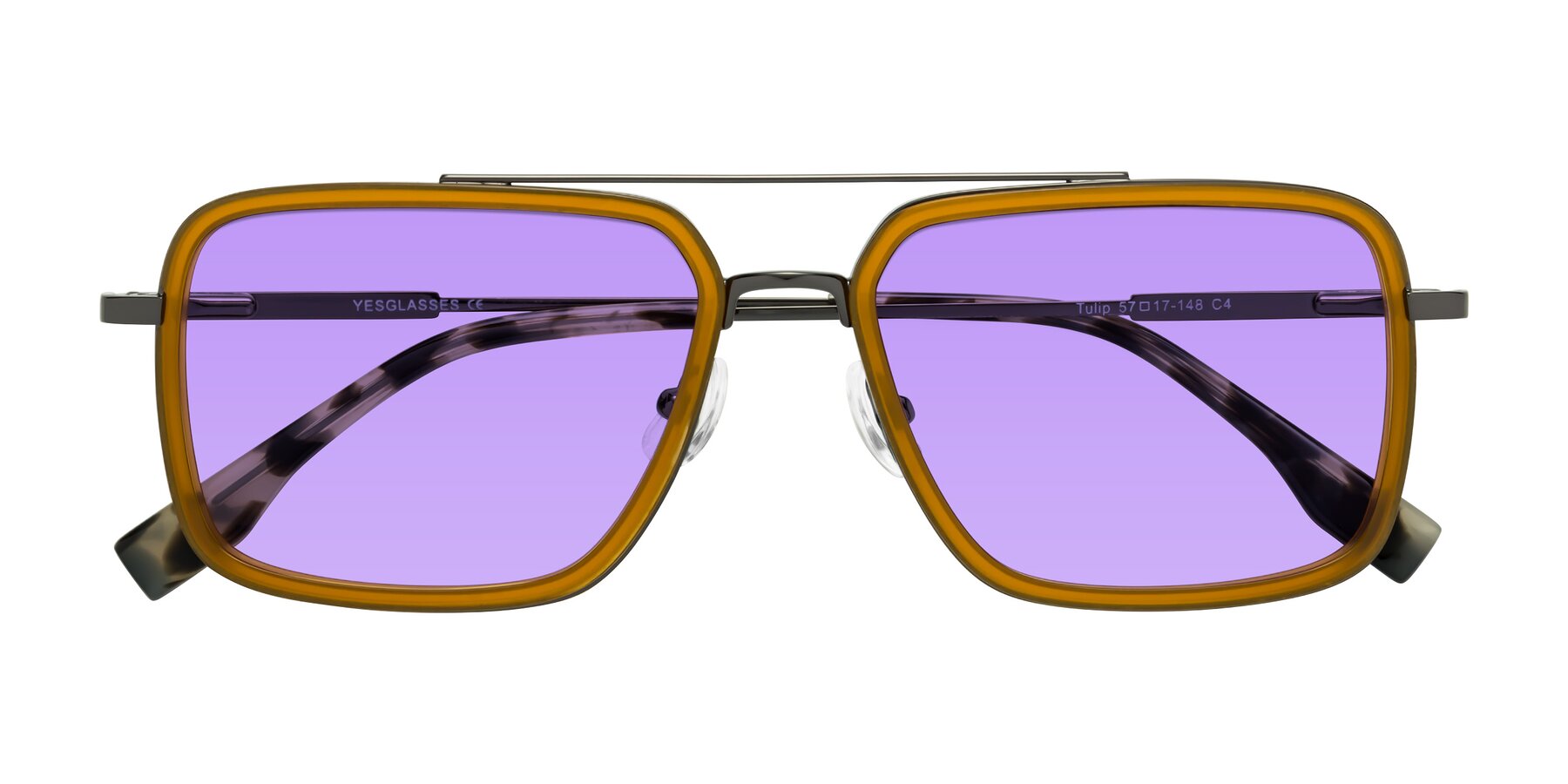 Folded Front of Tulip in Caramel-Gunmetal with Medium Purple Tinted Lenses