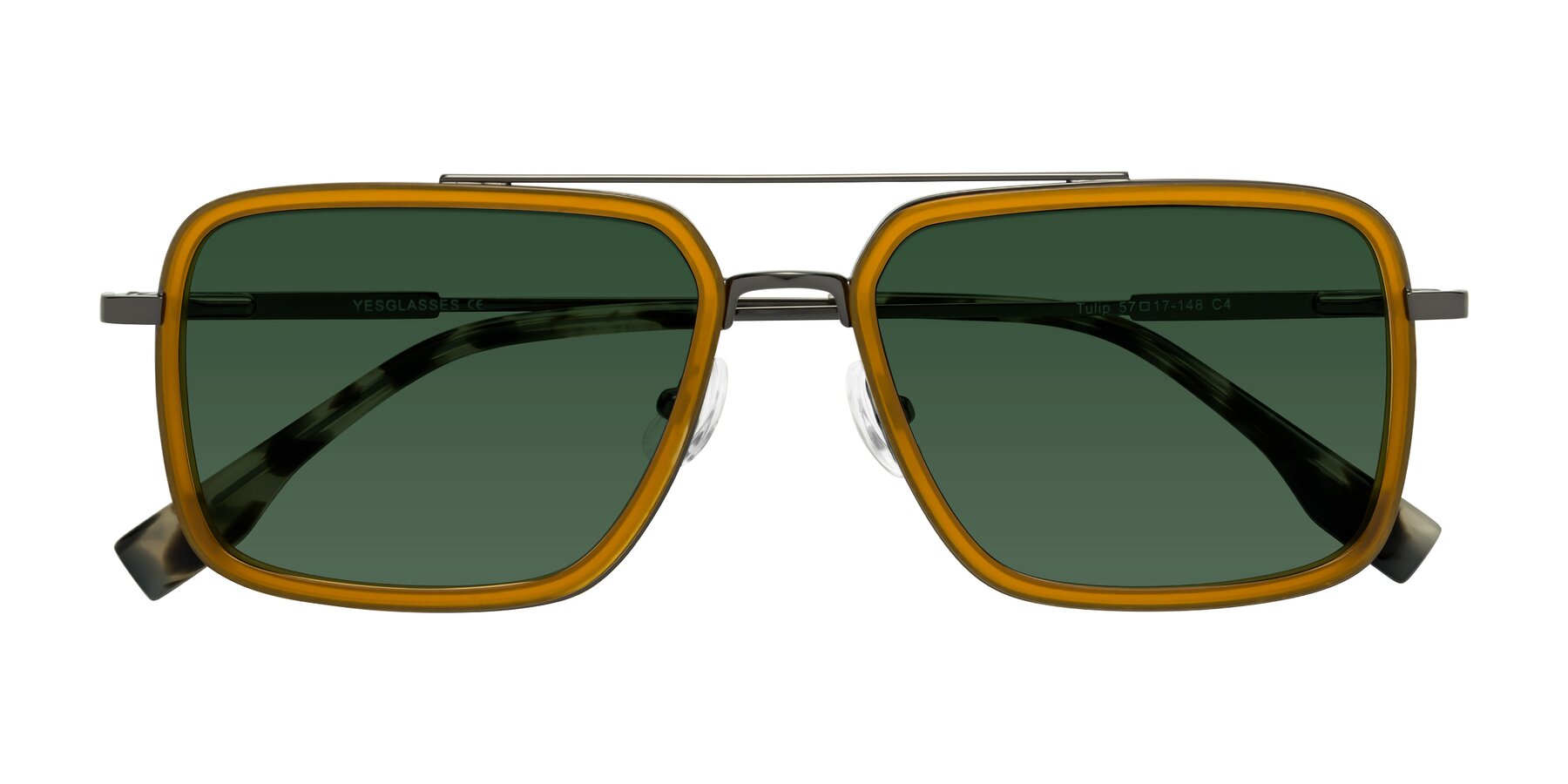 Folded Front of Tulip in Caramel-Gunmetal with Green Tinted Lenses