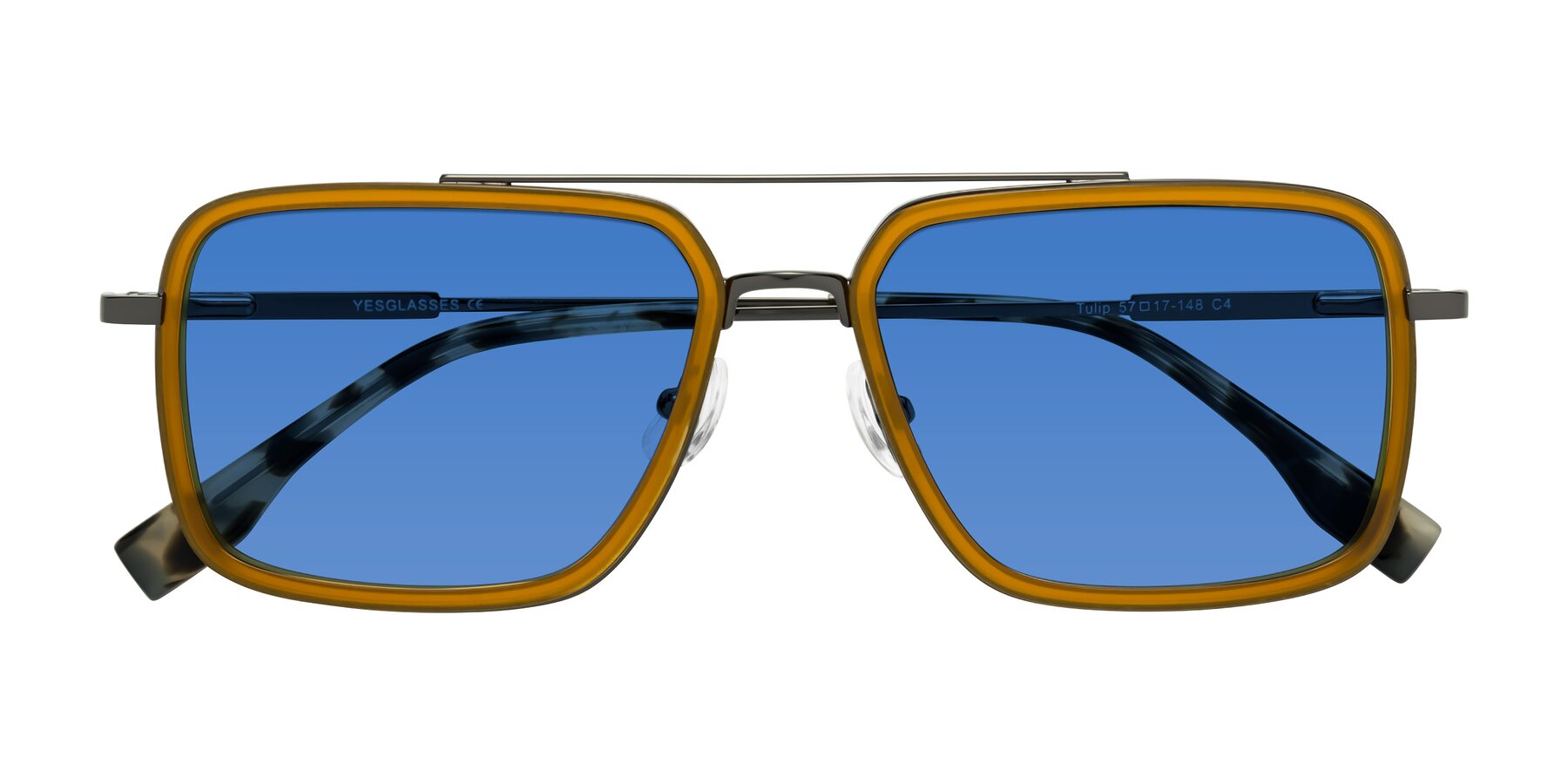 Folded Front of Tulip in Caramel-Gunmetal with Blue Tinted Lenses