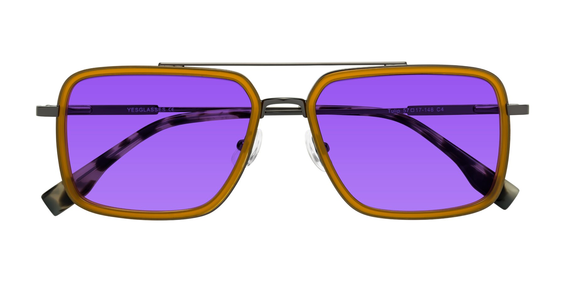 Folded Front of Tulip in Caramel-Gunmetal with Purple Tinted Lenses