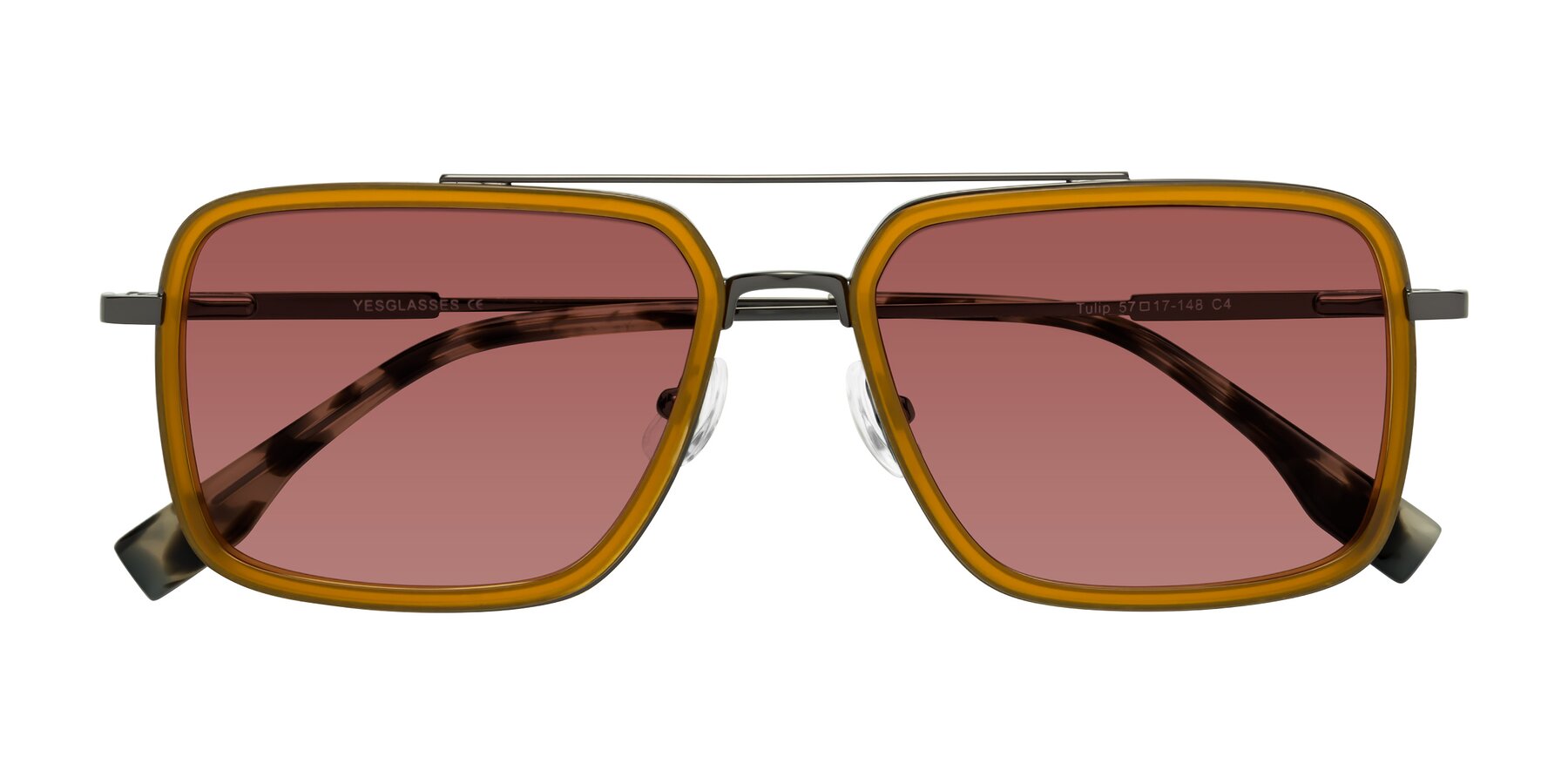 Folded Front of Tulip in Caramel-Gunmetal with Garnet Tinted Lenses