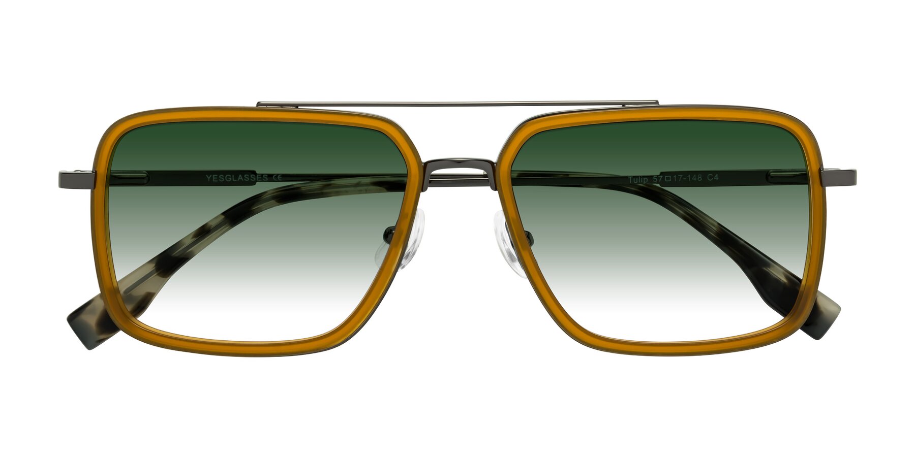 Folded Front of Tulip in Caramel-Gunmetal with Green Gradient Lenses